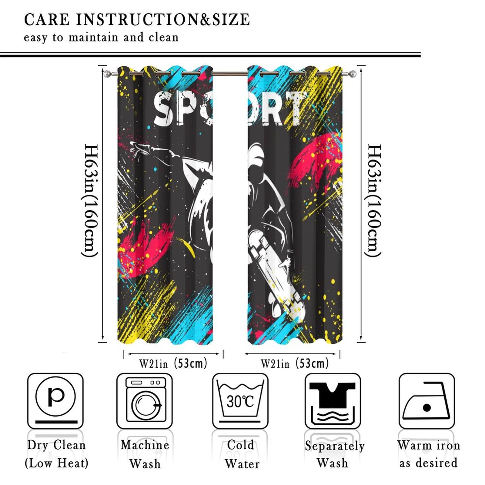 Brebasf Cool Sport Skateboarding Perforated Window Treatments,Modern City Street Colorful Graffiti Hip Hop Hippies Curtain Suitable for Bedroom,Living Room,Kitchen-2 Panels 63