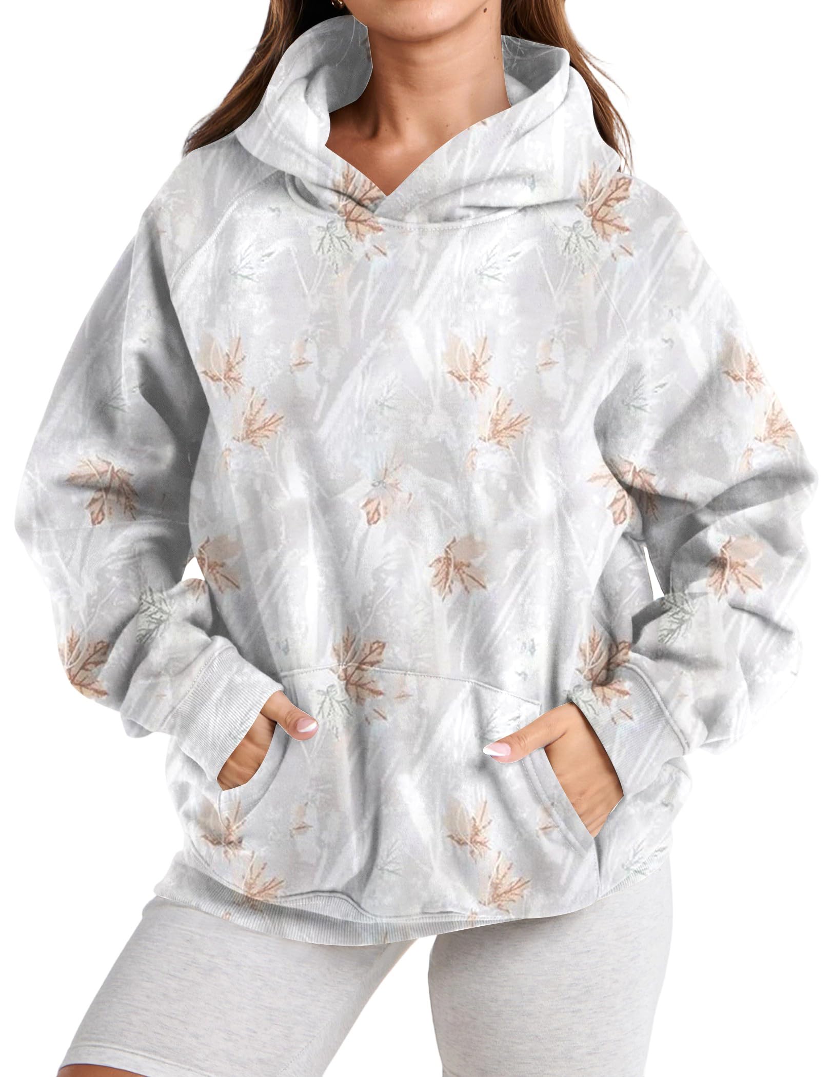 Ziesexy Womens Camo Hoodies Maple Leaf Print Oversized Hooded Pullover Shirt Fleece Long Sleeve Camo Sweatshirt With Pocket