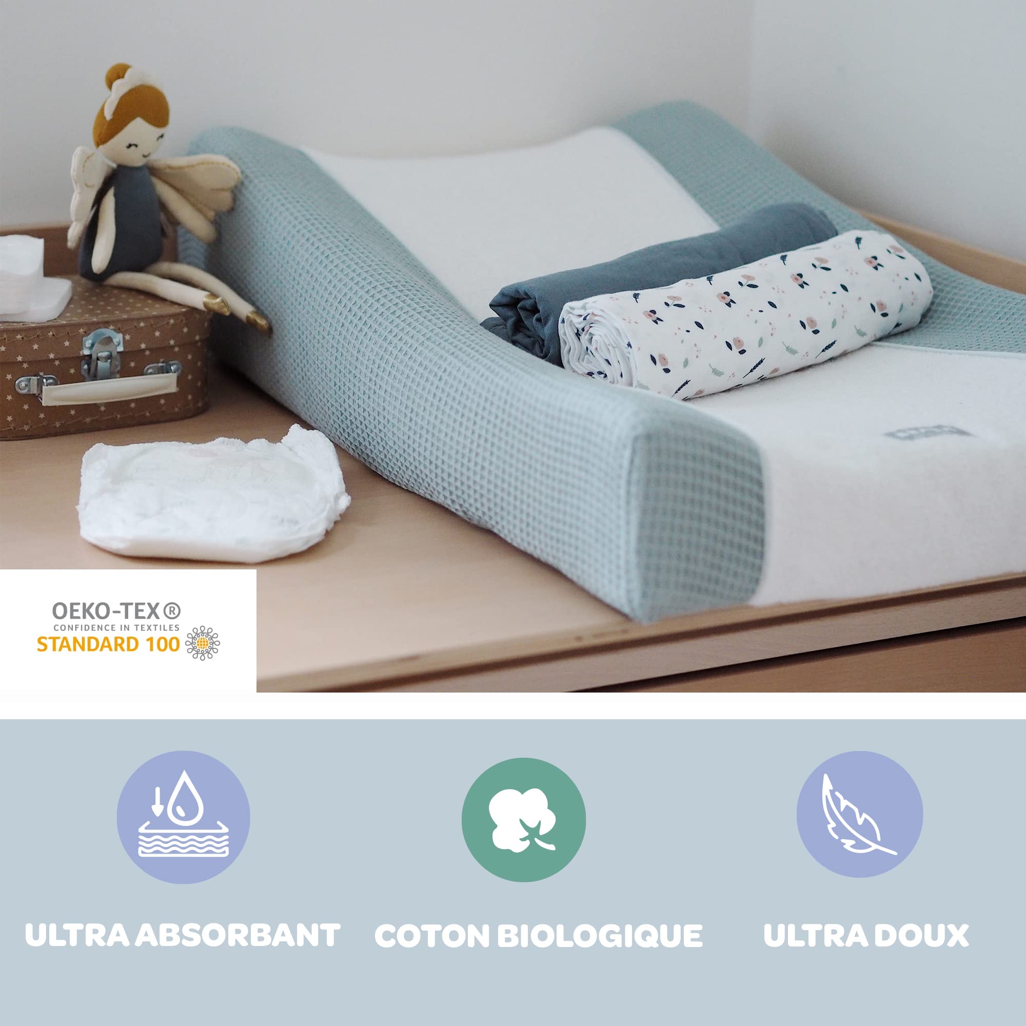 BÉABA, Housse pour Matelas à Langer Sofalange, 100% Coton Nid d'abeille, Eponge Moelleuse, Drap Absorbant, Confort Optimal, Tissus Certifiés Oekotex , Vert d'eau