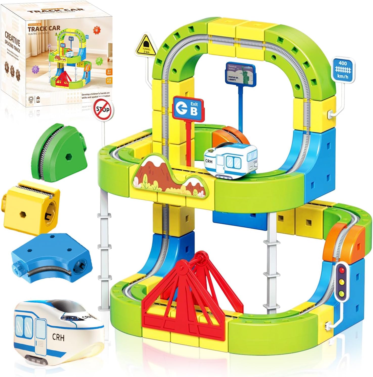 Magnetic Electric Train Track Set, 3D Gravity-Defying Flexible Race Track Building Toy with Motorized Train & Road Signs, DIY Educational DIY Construction Gift for Boys & Girls Ages 3-10 (125PCS)