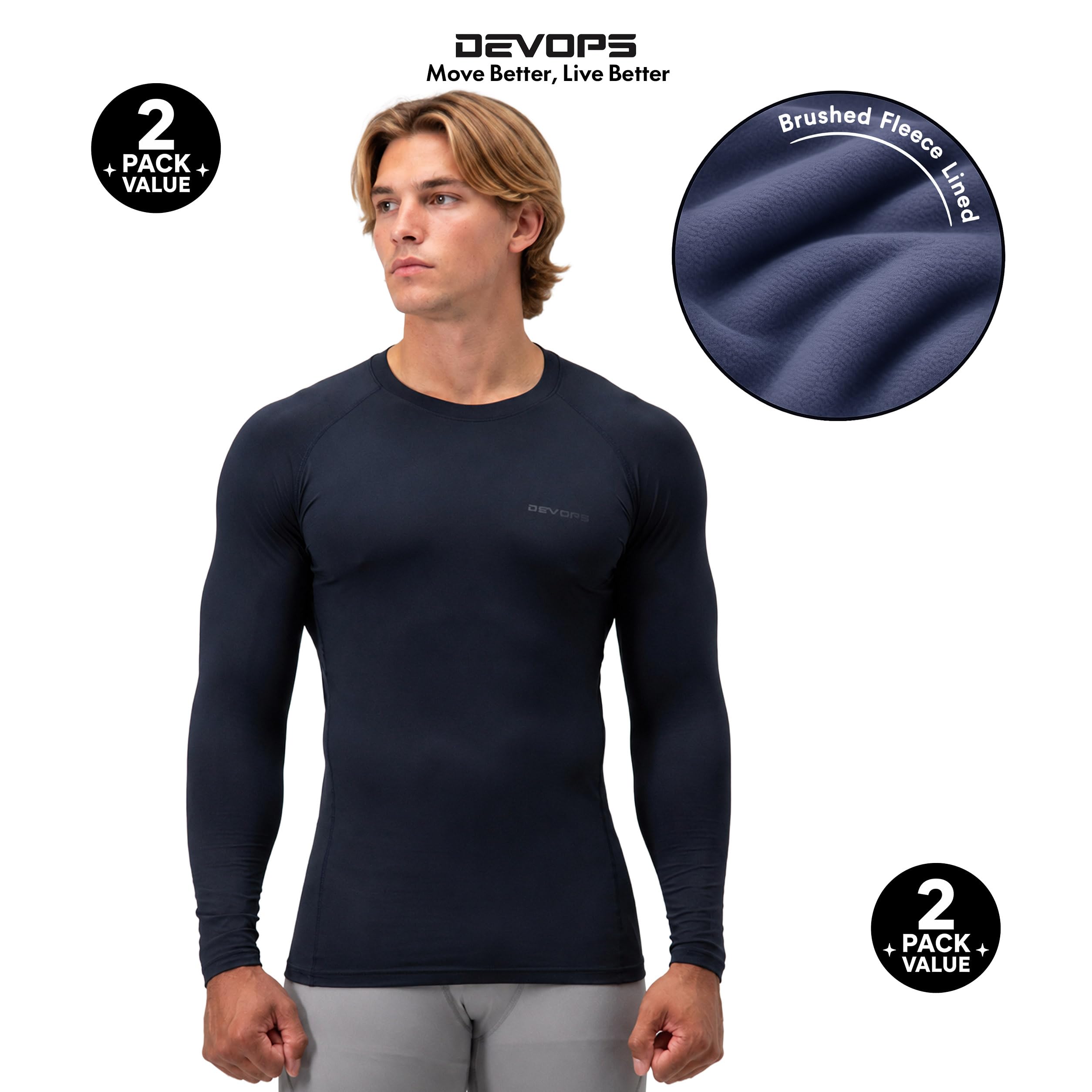 Devops Devops 2 Pack Men's Thermal Long Sleeve Shirts Fleece Lined Base Layer Tops Manga Larga Hombre (Pack de 2)