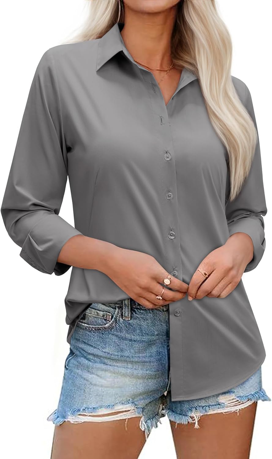 siliteelon Womens Button Down Shirt: Dress Shirt Collared Long Sleeve Shirt Tailored Waist Casual Work Blouse