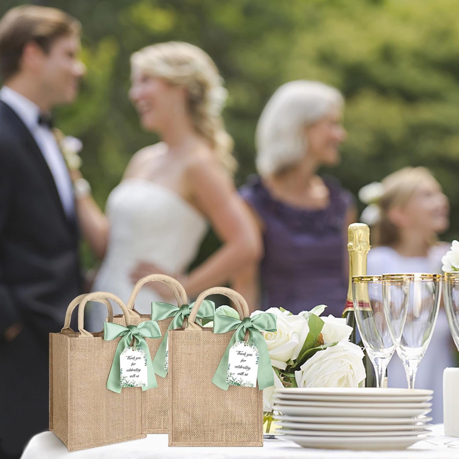 15Pack Burlap Tote Bag Set Reusable Blank Bridesmaid Gift Bags Jute Burlap Grocery Bag with Thank You Gift Tags Chiffon Silk Ribbons for Wedding DIY Invitations Parties and Baby Showers