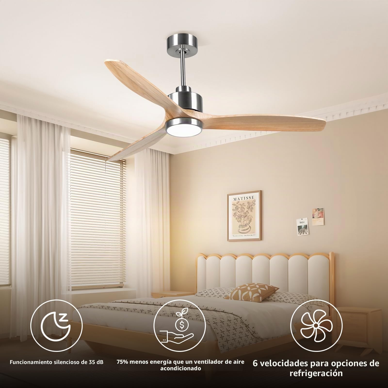 OFANTOP Ventilador de techo moderno de madera, 132 cm, con iluminación | mando a distancia, silencioso, motor DC conmutable para dormitorio, salón y garaje, madera natural