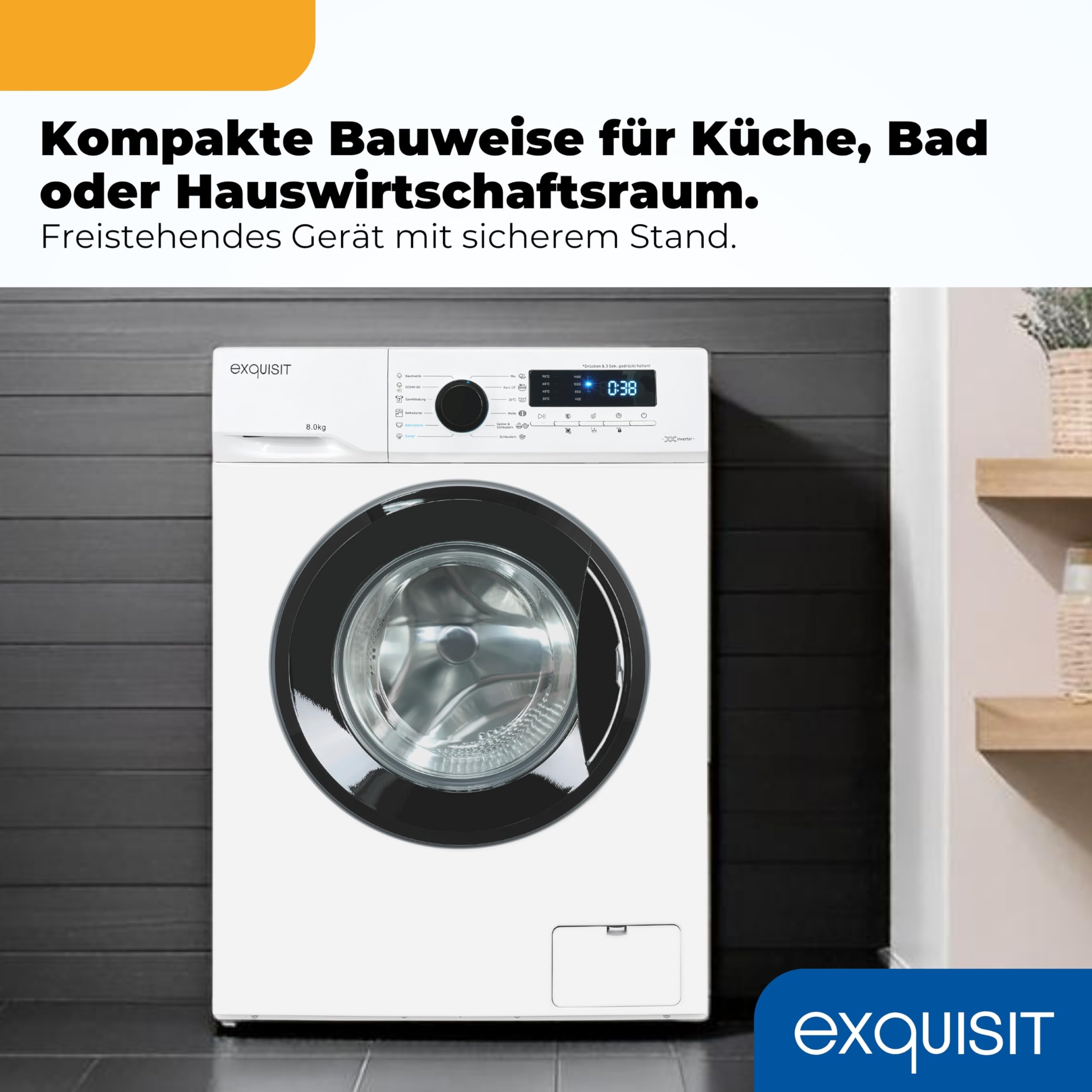 Exquisit Waschmaschine 8 kg, Energieklasse A, 1400 U/Min, 13 Programme | Frontlader mit Startzeitvorwahl, Kindersicherung, Invertermotor – ideal für Familien ab 4 Personen