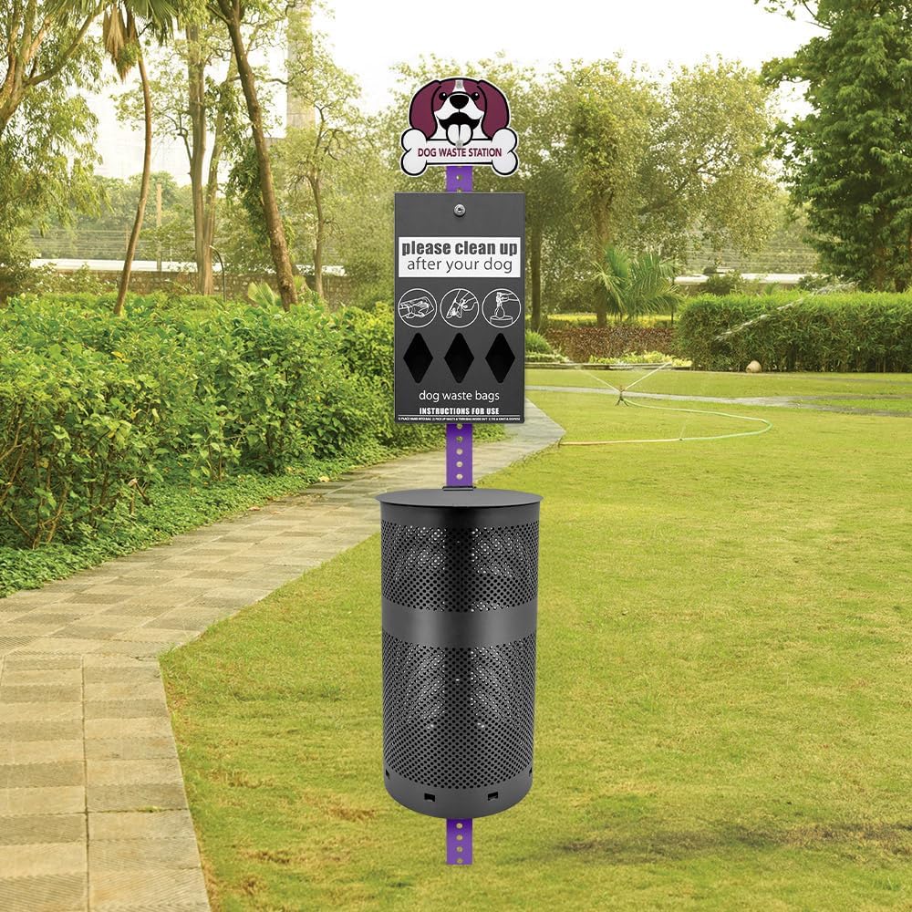 Rust-Proof, Aluminum Dog Pet Waste Station Outdoor. Poop Bag Dispenser, Cute Purple Dog Sign & Post, Large Lidded Trash Can, 400 Bags & 25 Can Liners. Purple & Black