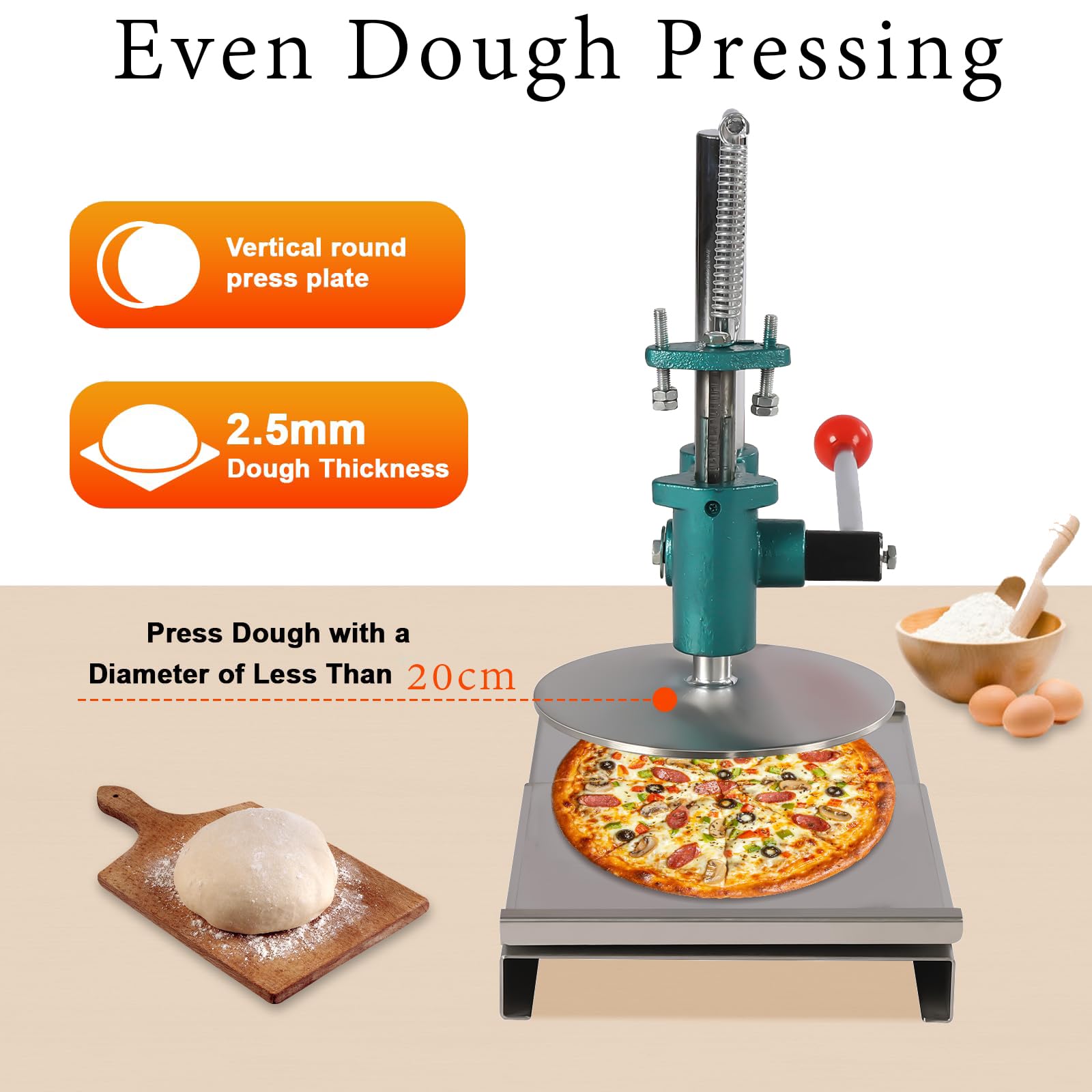 Macchina per impasto per pizza, 20 cm, con piastra di pressione regolabile, resistente per focacce, tortillas, empanadas e pasticceria, facile da usare
