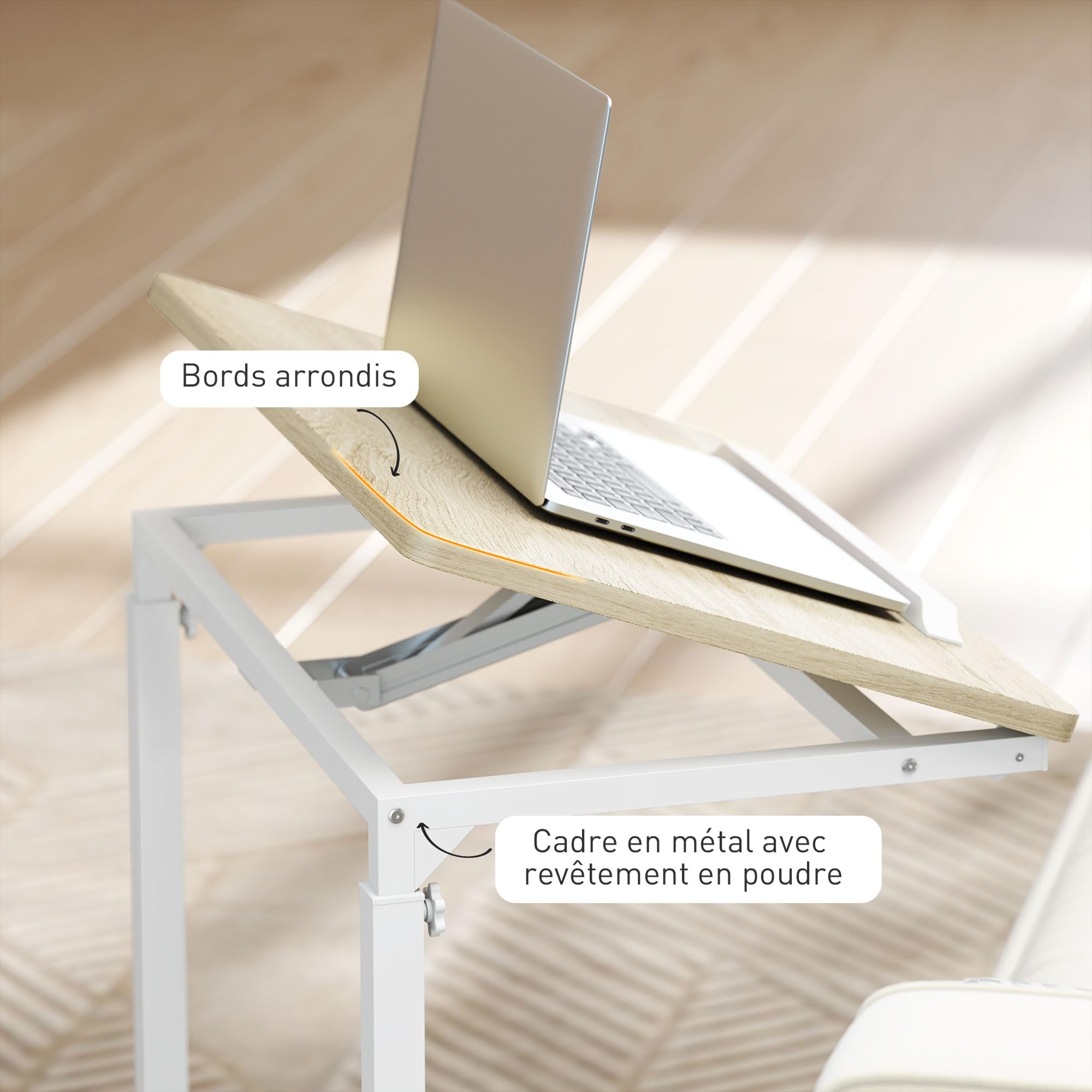 HOMCOM Table d'appoint à roulettes réglable en Hauteur chêne et Blanc