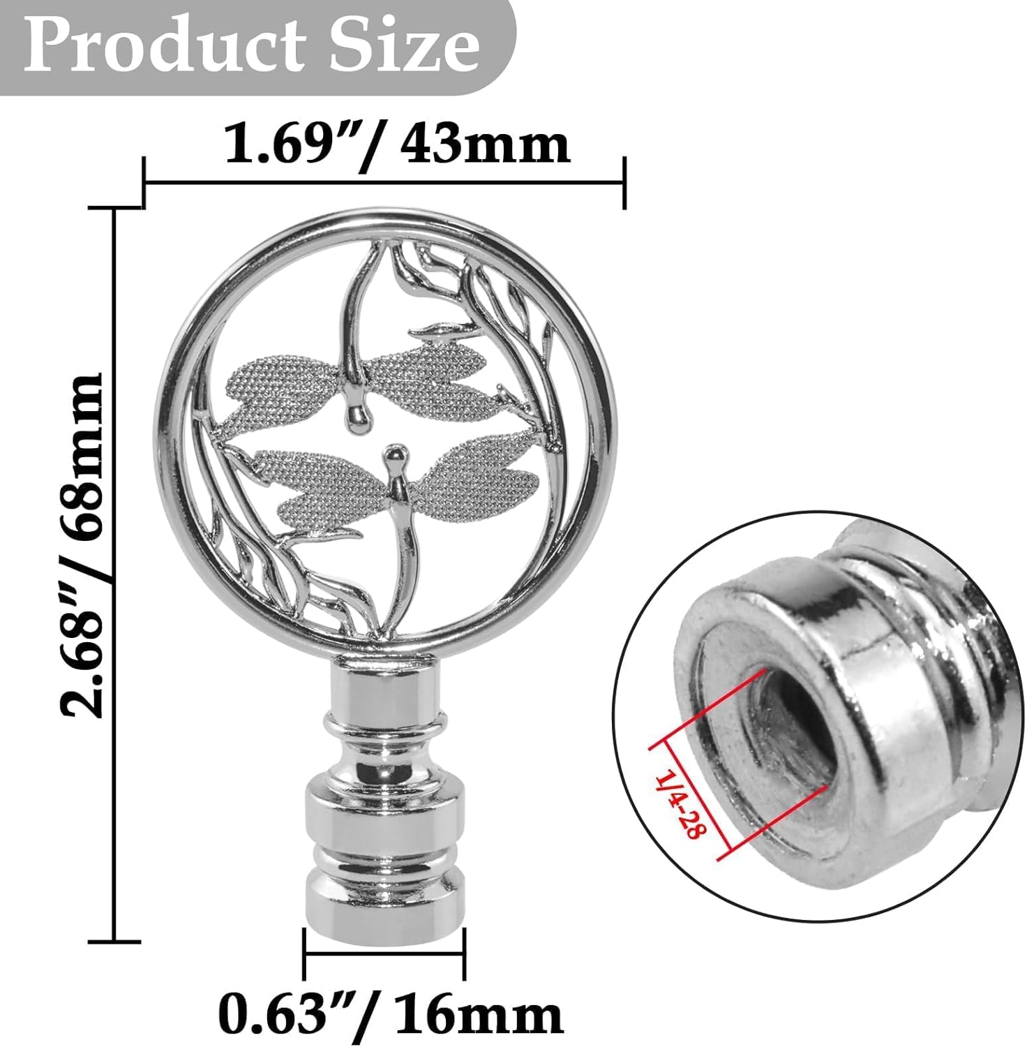 1Pcs Lamp Finial Cap Knob, Double Dragonflies Designs Hollowing Out Treatment Decoration for Lamp Shade (Sliver)