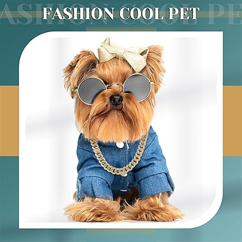 Miniatura 2 de Xuniea Juego de 2 lentes y collar para muñeca, gato, perro, collar de cadena y lentes de sol, collar de diamantes de imitación con hebilla segura,