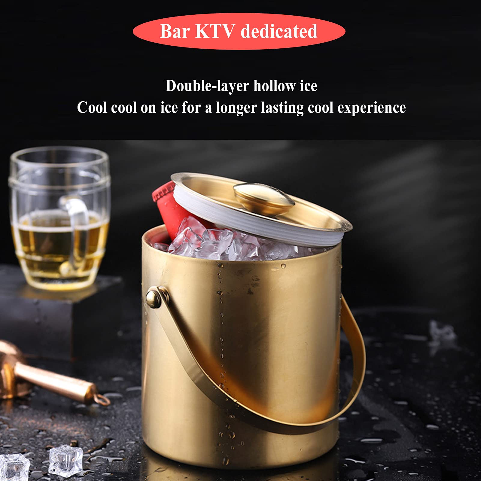 Cubo de hieloCubo de Hielo con Tapa y Pinzas de hieloCubo de Aislamiento térmico Doble Barra nórdica de 3 litros KTV Cubo de Hielo de Acero Inoxidable para Cerveza An