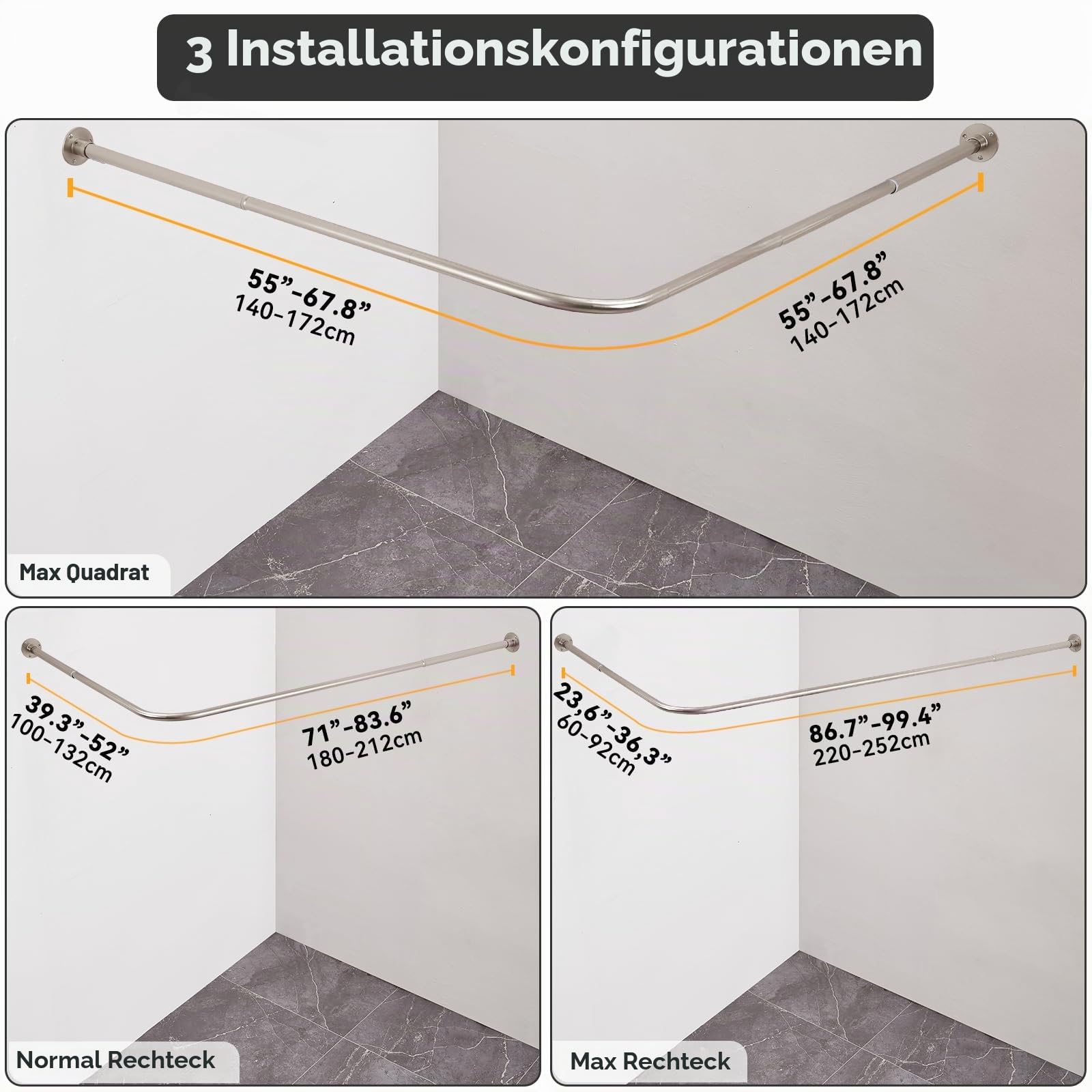 Duschvorhangstange L form [100-172 cm] x [140-212 cm] Extra Lange Eckduschstange 90° Grad Duschstange verstellbar für Badewanne, Dusche & Außenbereich mit 12 Haken & Deckenstütze