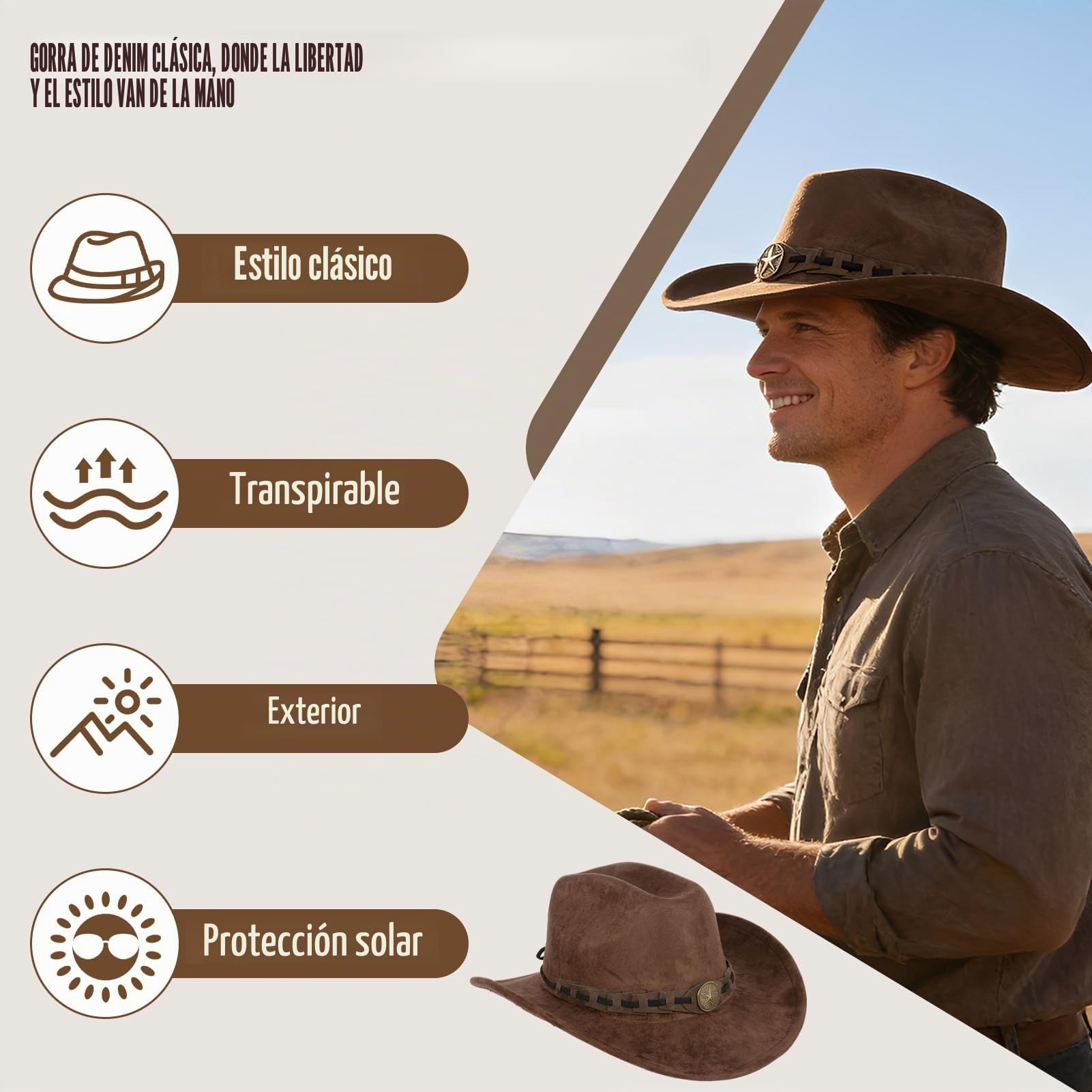 Sombrero de vaquero de ala ancha para hombres y mujeres, de gamuza sintética, estilo vaquero, elegante, ajustable, sombrero de vaquero para exteriores
