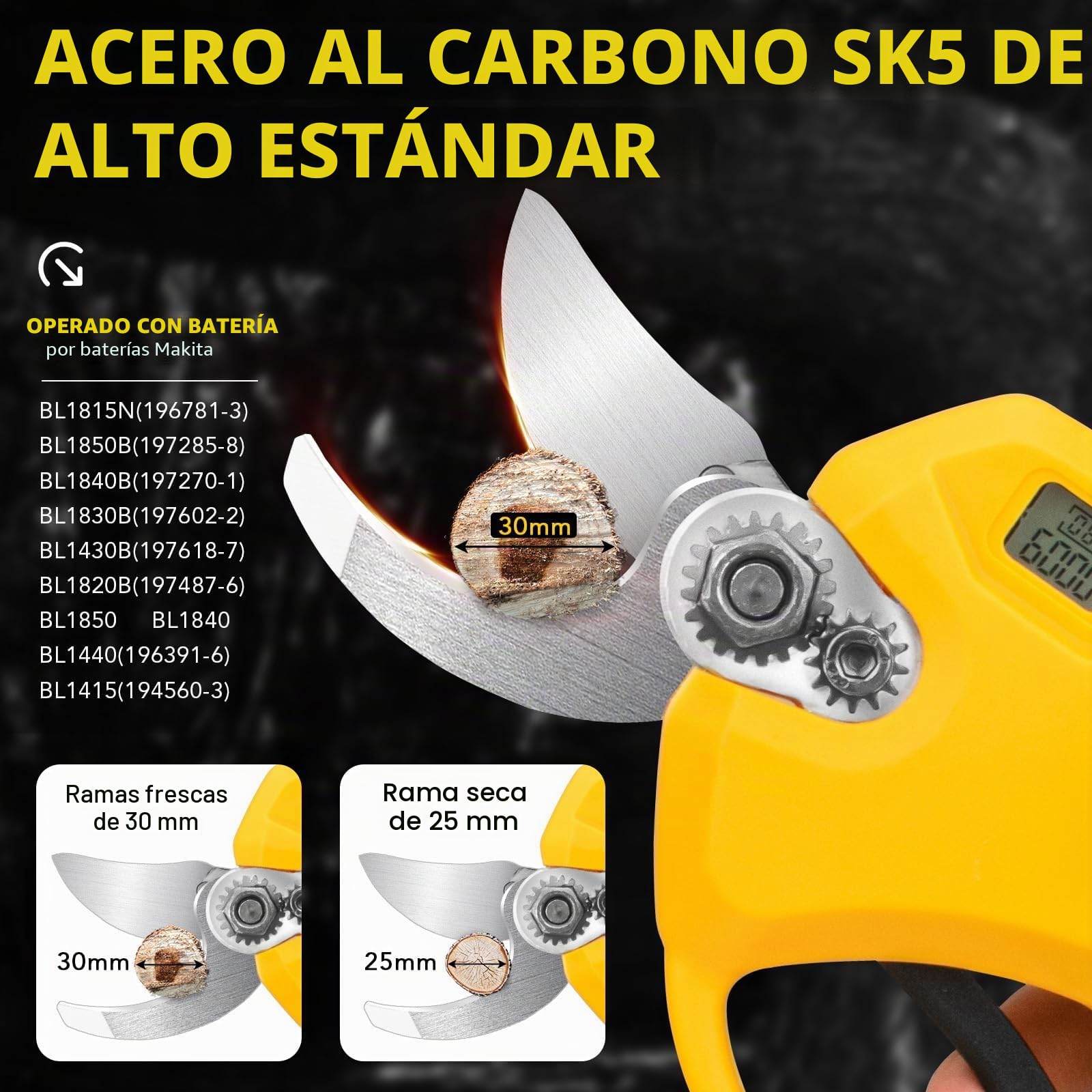 Tijeras de Podar Electricas, Gisam Profesional 40MM Tijeras Eléctricas Podadora Electrica a Bateria con 2 x Baterías Recargables & LED Pantalla, Soporta El Ajuste de Apertura (2x2Ah Batería)