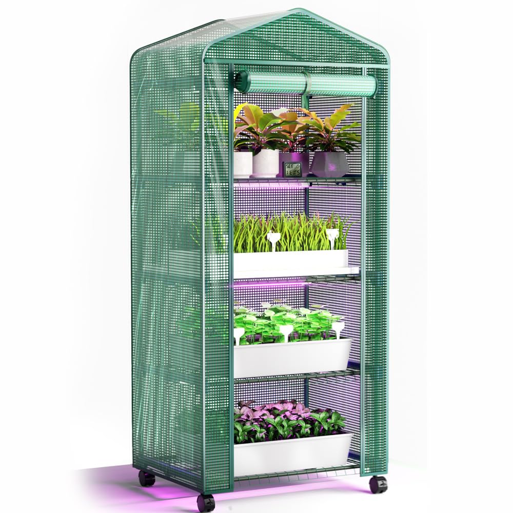 PYY Portable Water Mini Indoor Greenhouse with Grow Light- Small Portable Outdoor Plant Green House Cabinet with Wheels