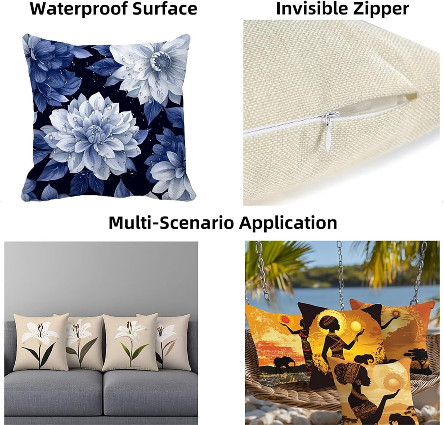 【入荷極小！新作】クッションカバー 80 x 80 cm 4 セット 無地 スクエア 座布団カバー 春 両面印刷 装飾靠枕防水亜麻 隠しファスナー付き