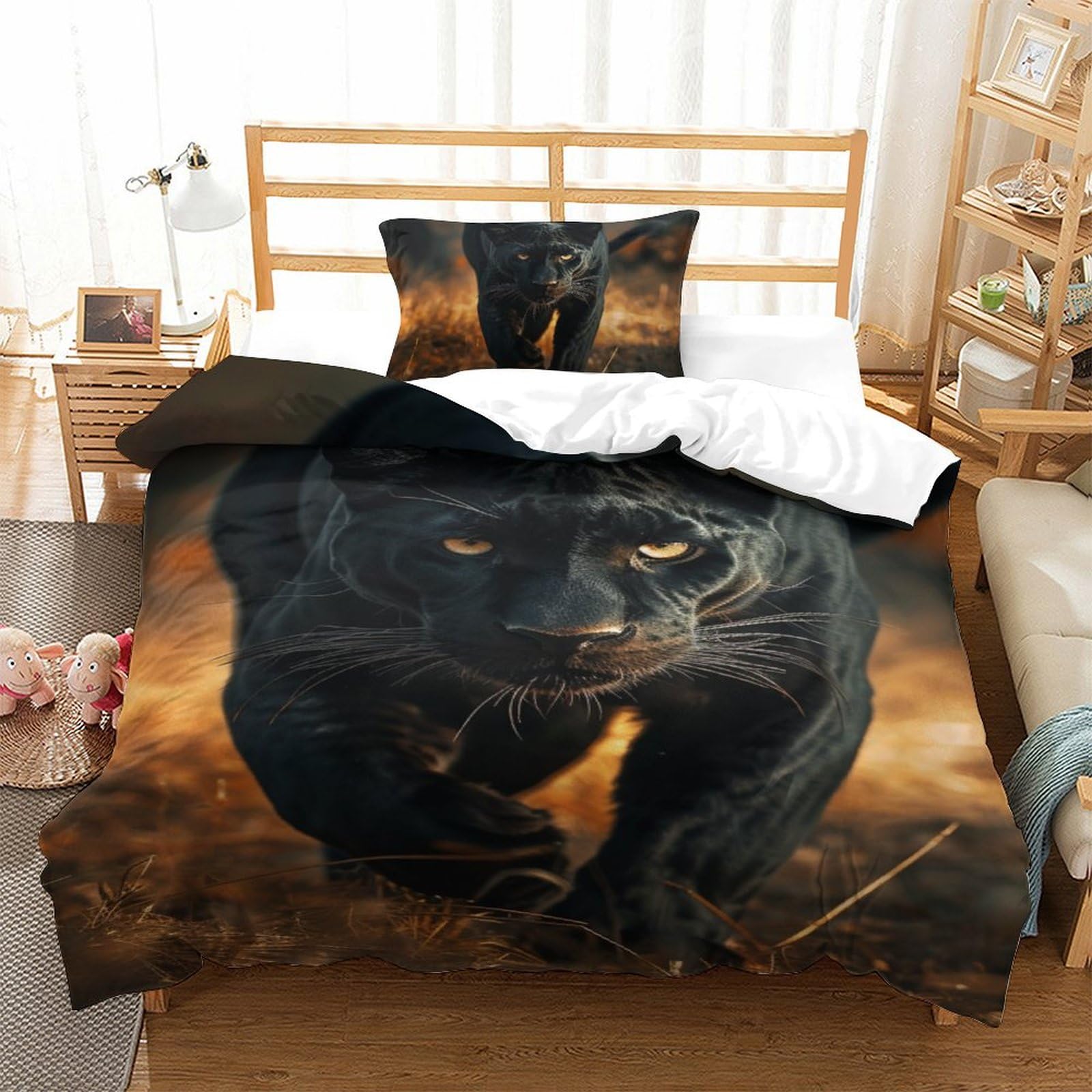 Housse de couette 135x200 panthère noire avec fermeture éclair pour lit enfant et ado 2 pièces