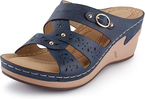 Alexis Leroy Sandalias de cuña cómodas con puntera abierta y correas cruzadas para mujer