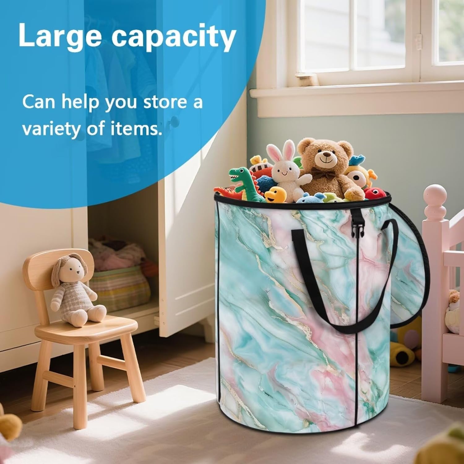 doginthehole Teal Pink Marble Portable Trash Can Large Foldable Big Camping Can with Lid Storage Bag Pop Up Trash Cans for Parties, 22.83x17.71 in