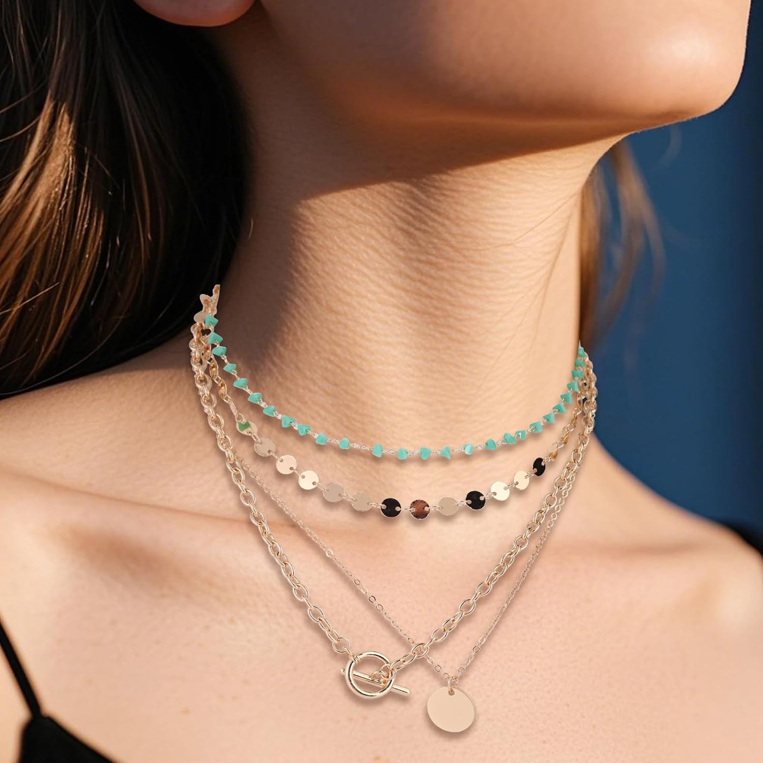 Boho Necklace for Women, Stacked Pendant Necklace Turquoise Beaded Chain Western Jewelry for Women Western Bohemian Jewelry for Country Beach Daily Wearing - Image 5