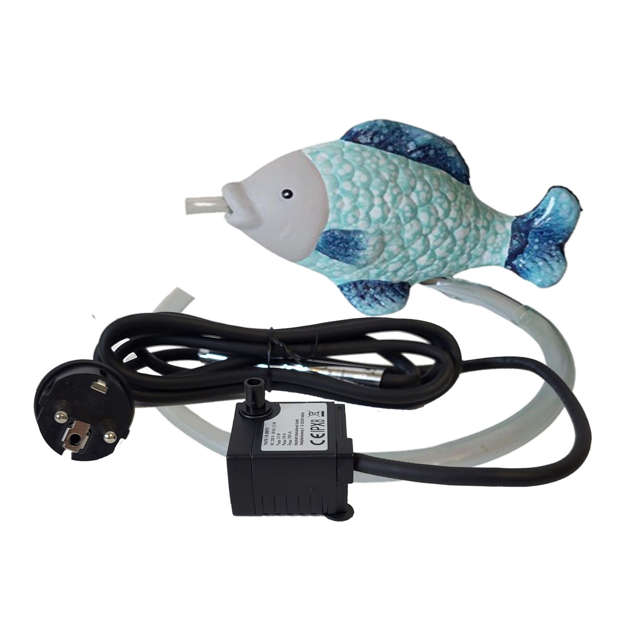 Storm's Gartenzaubereien Wasserspeier Fisch aus Keramik mit Pumpe 230V - für Miniteiche - Balkondeko - Wetterfest - Gartendeko -Teichzubehör - Wasserspeier Teich Fisch