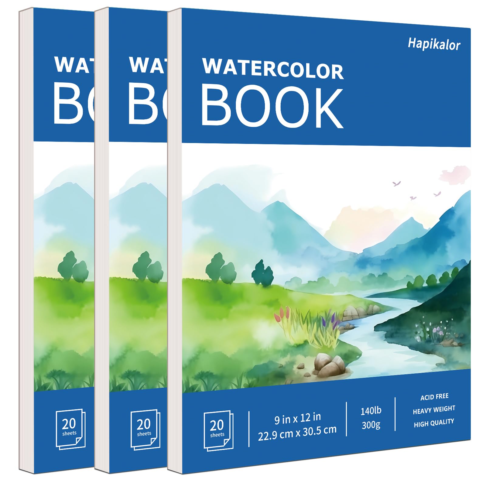 Hapikalor 3-Pack 9"x12" Watercolor Paper, 140lb/300g Water Color Paper Blue