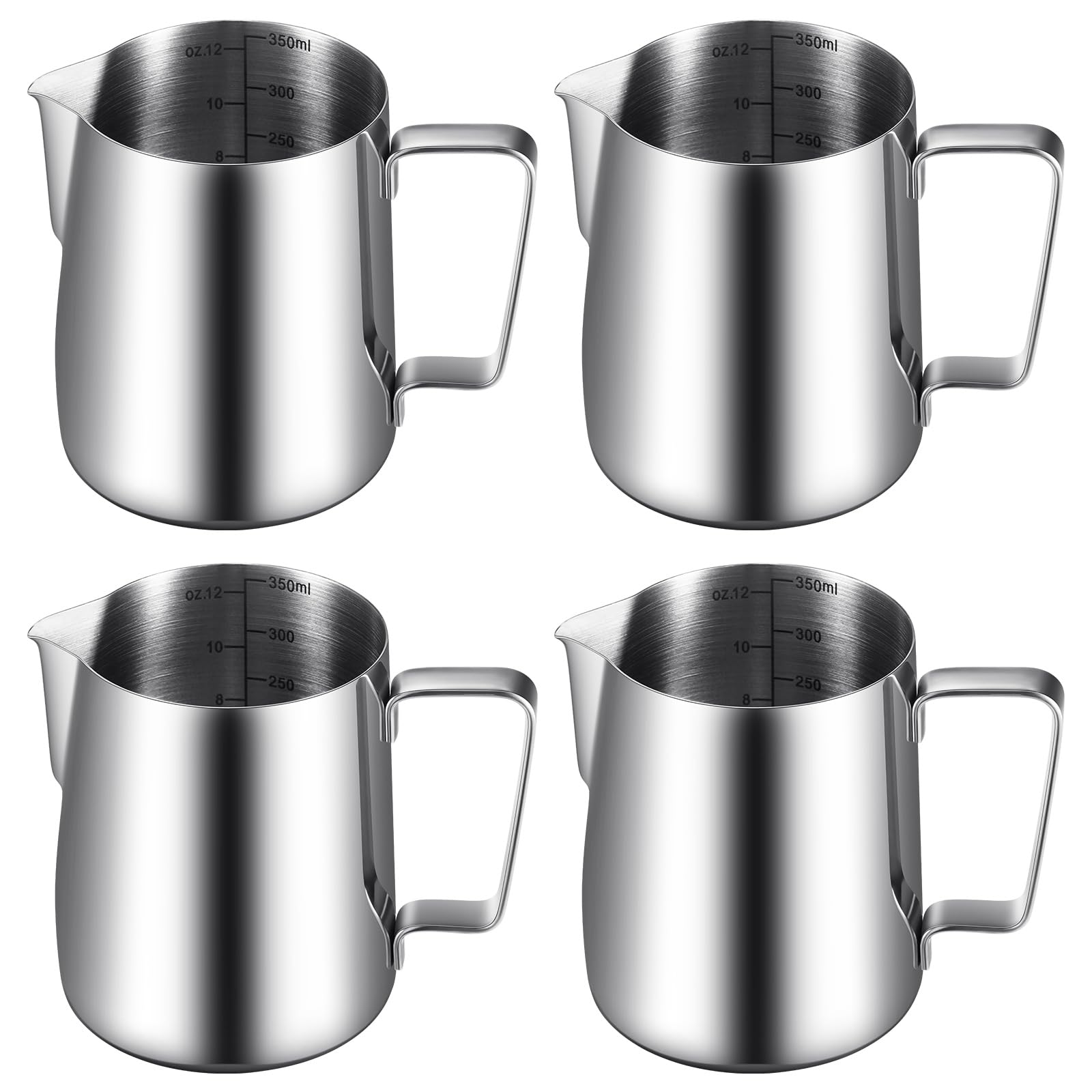 Dandat 4 Pcs Milk Frothing Pitcher Espresso Steaming Pitchers 12 Oz Stainless Steel Milk Steamer Cup Frother Jug for Espresso, Latte Art, Chai Cappuccino Hot Chocolate