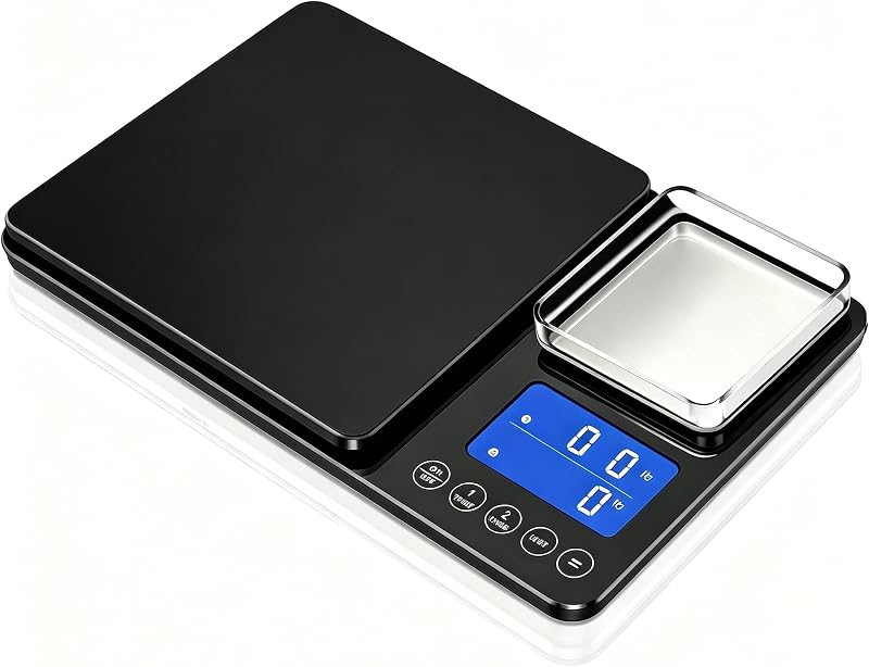 Letron két platformos digitális konyhai és ékszer mérleg 15 kg 1 g 500 g 0,01 g több mértékegység automatikus összegzés Tara LED kijelző USB