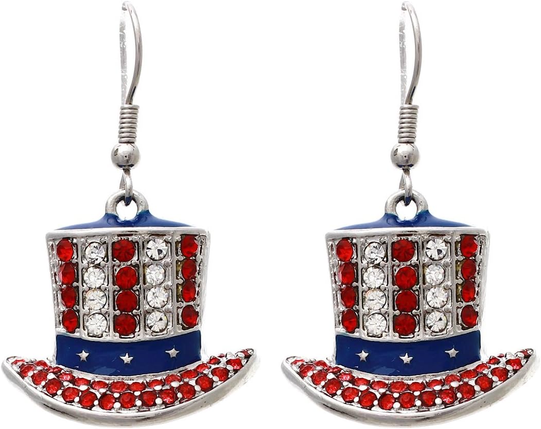 Patriotic Rhinestone Crystal Top Hat Fish Hook Dangle Earrings