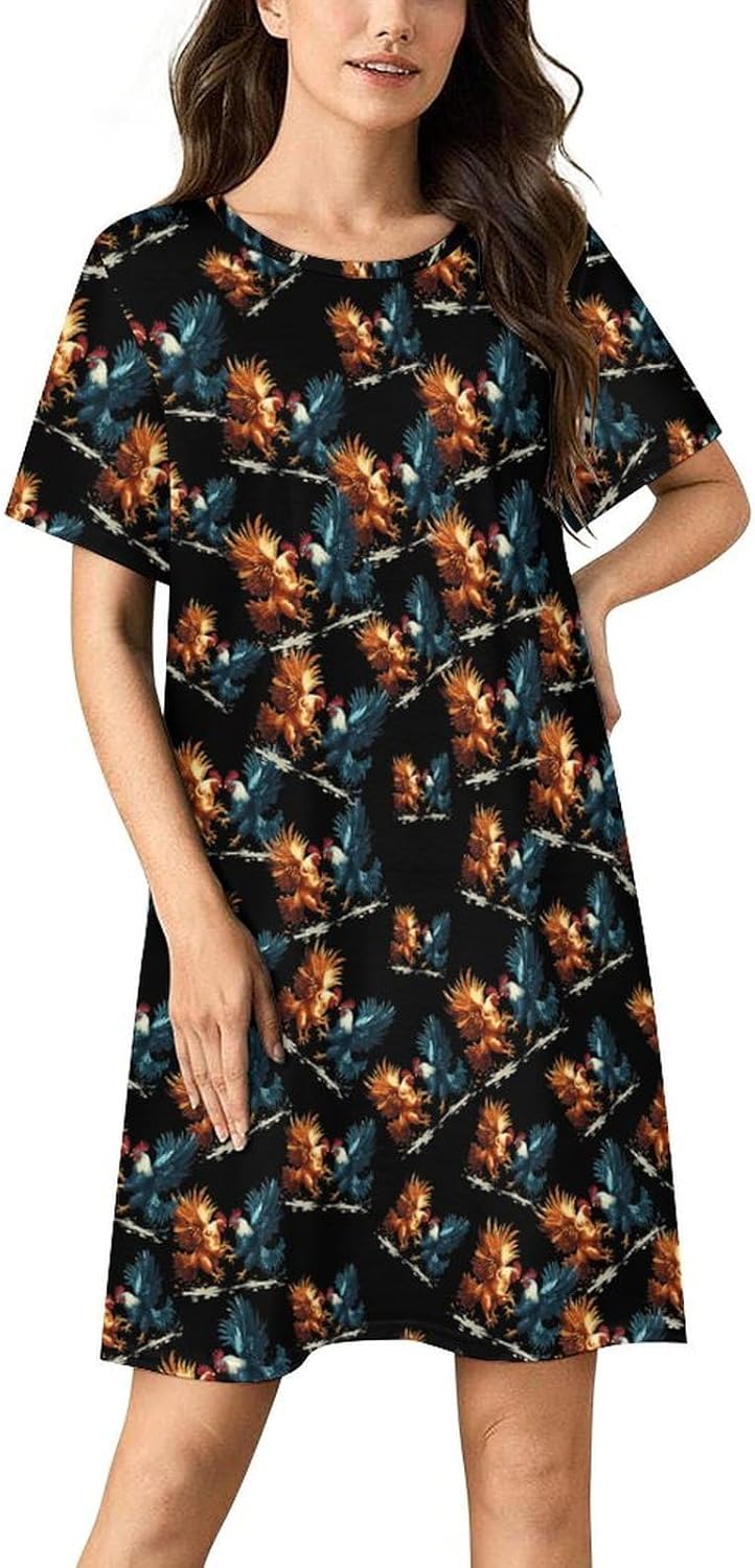 Roosters Fighting Cock Nightgowns for Women Short Sleeve Sleep Dress Casual Sleepshirt Night Gowns Pajamas