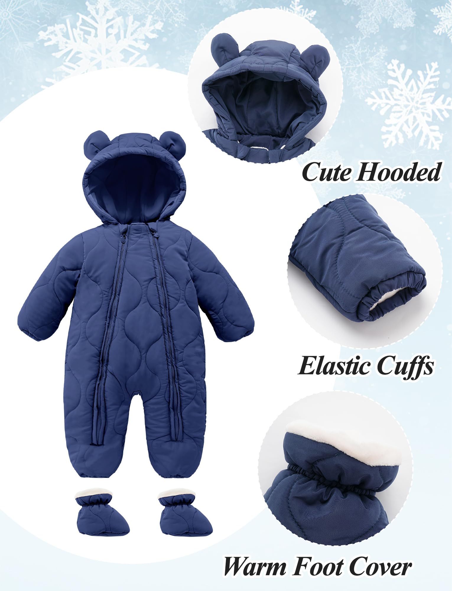 Happy Cherry - Baby Overall Winter mit Fußsäcken Junge Mädchen Schneenanzüge mit Kapuze Warme Kinder Strampler Lange Ärmel Kleinkind Jumpsuit Winterkleidung mit Reißverschlüssen - 3-18 Monate