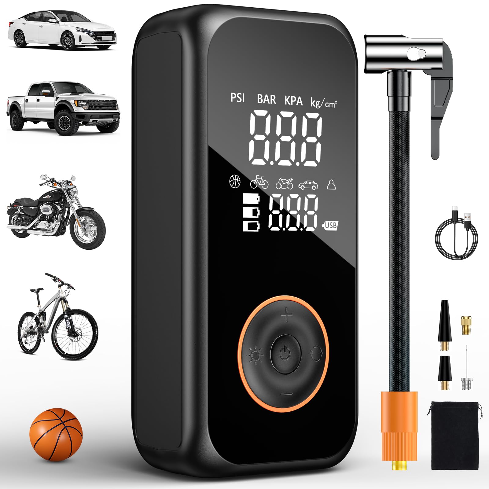 Onherm Compresseur à Air Portatif, 6000mAh Gonfleur Pneus Voiture sans Fil, Electrique Pompe mit écran LCD Numérique,150PSI, Type-C Charge avec Lampe LED pour Voiture, Moto, Vélo, Balle
