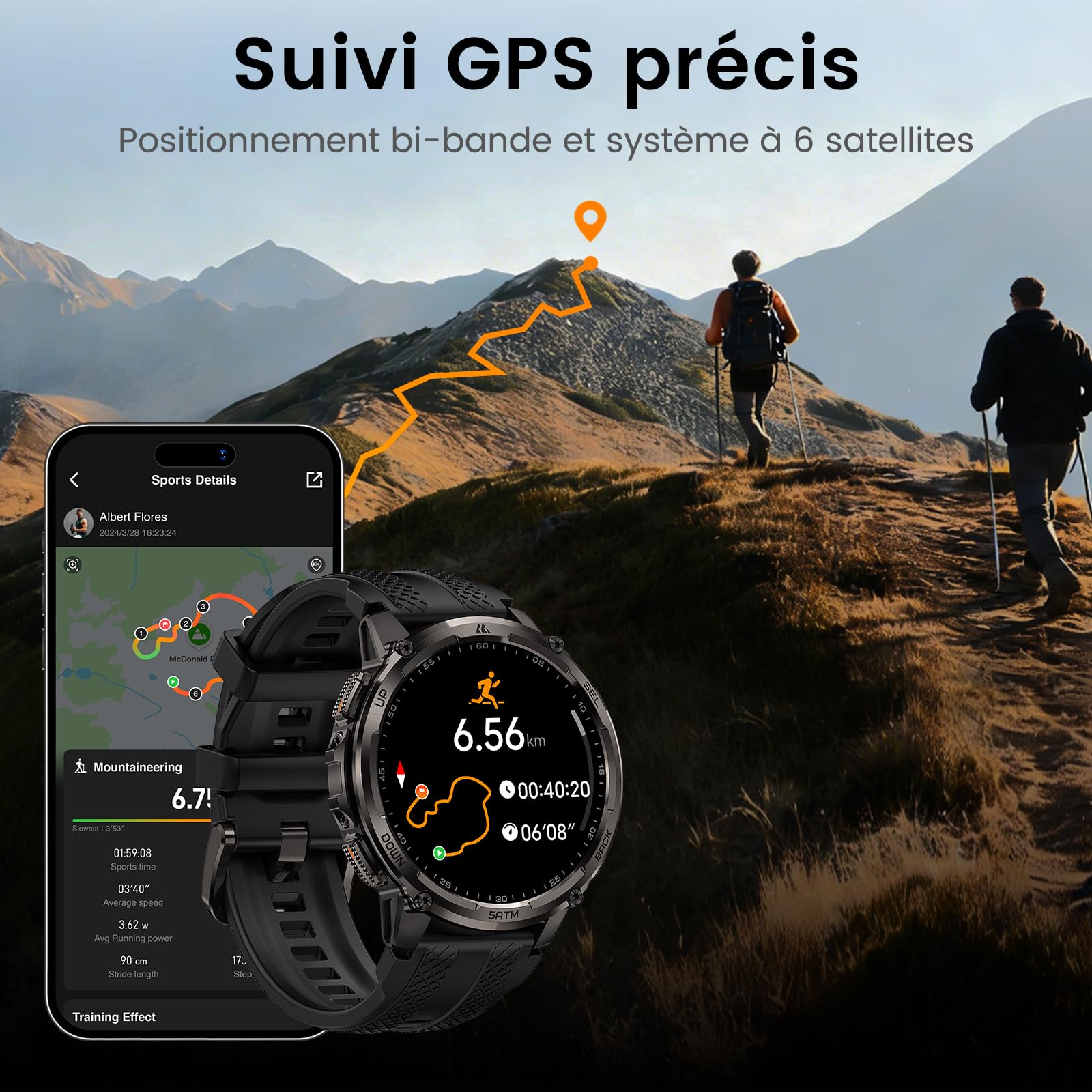 KOSPET Tank T4C GPS Montre Connectée Homme, Lampe Torche LED, Talkie-Walkie | Étanche 5 ATM et IP69K, 1,5'' AMOLED, Autonomie 15 jours, Suivi de Santé & Sommeil, 170+ Mode Sport, Compatible Android & iOS