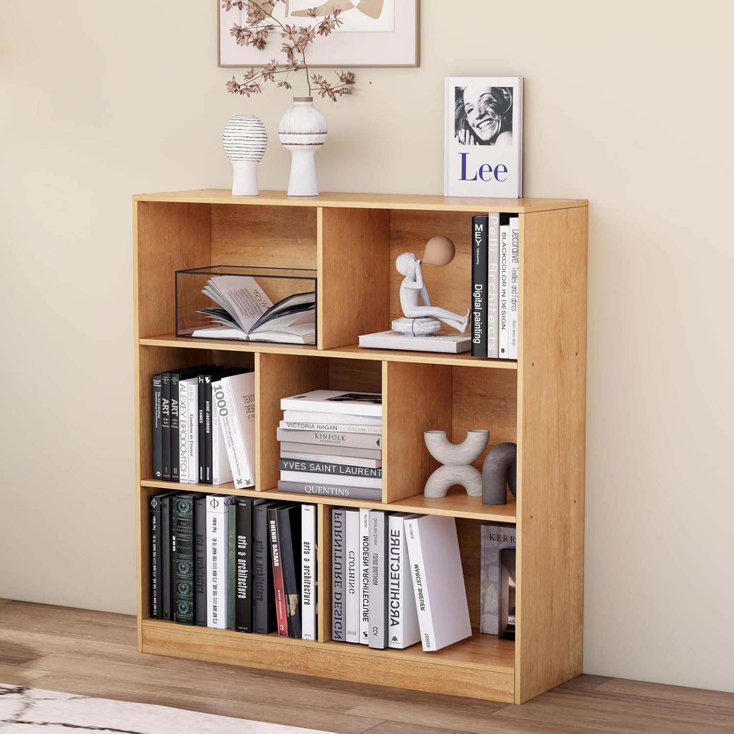 7-Cube Wooden Bookcase,3-Tier Freestanding Storage Cubes with Base,Multi-Purpose Open Shelving for Books,Toys,Bins,Decor – Home Office,Bedroom,Living Room Organizer (Oak, 7-Cube)