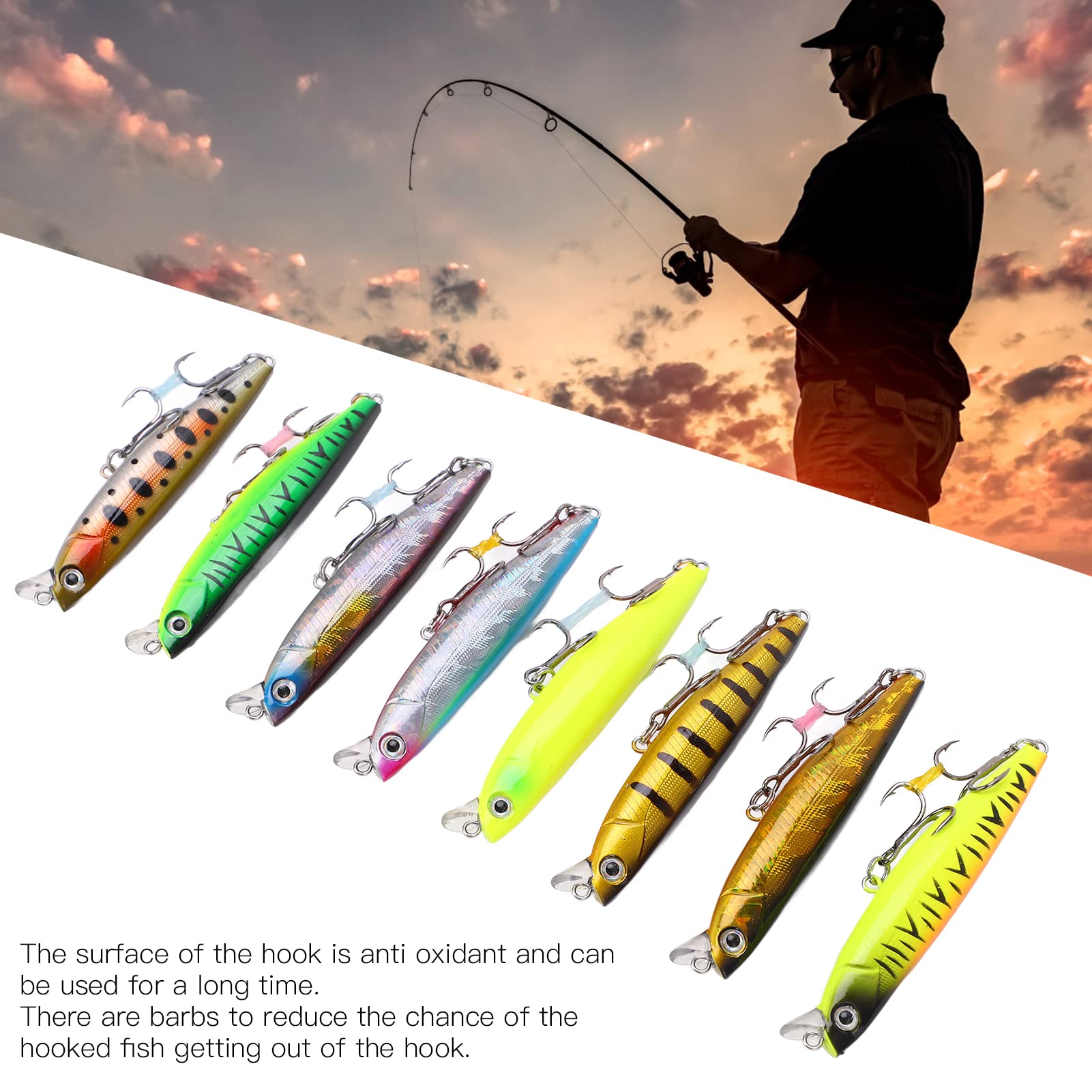Lot de 8 leurres de pêche Minnow, appâts durs coulants VIB avec billes d'acier, hameçons pointus et yeux 3D, pour la pêche au bar, à la truite et à la perche. Longueur : 8 cm,