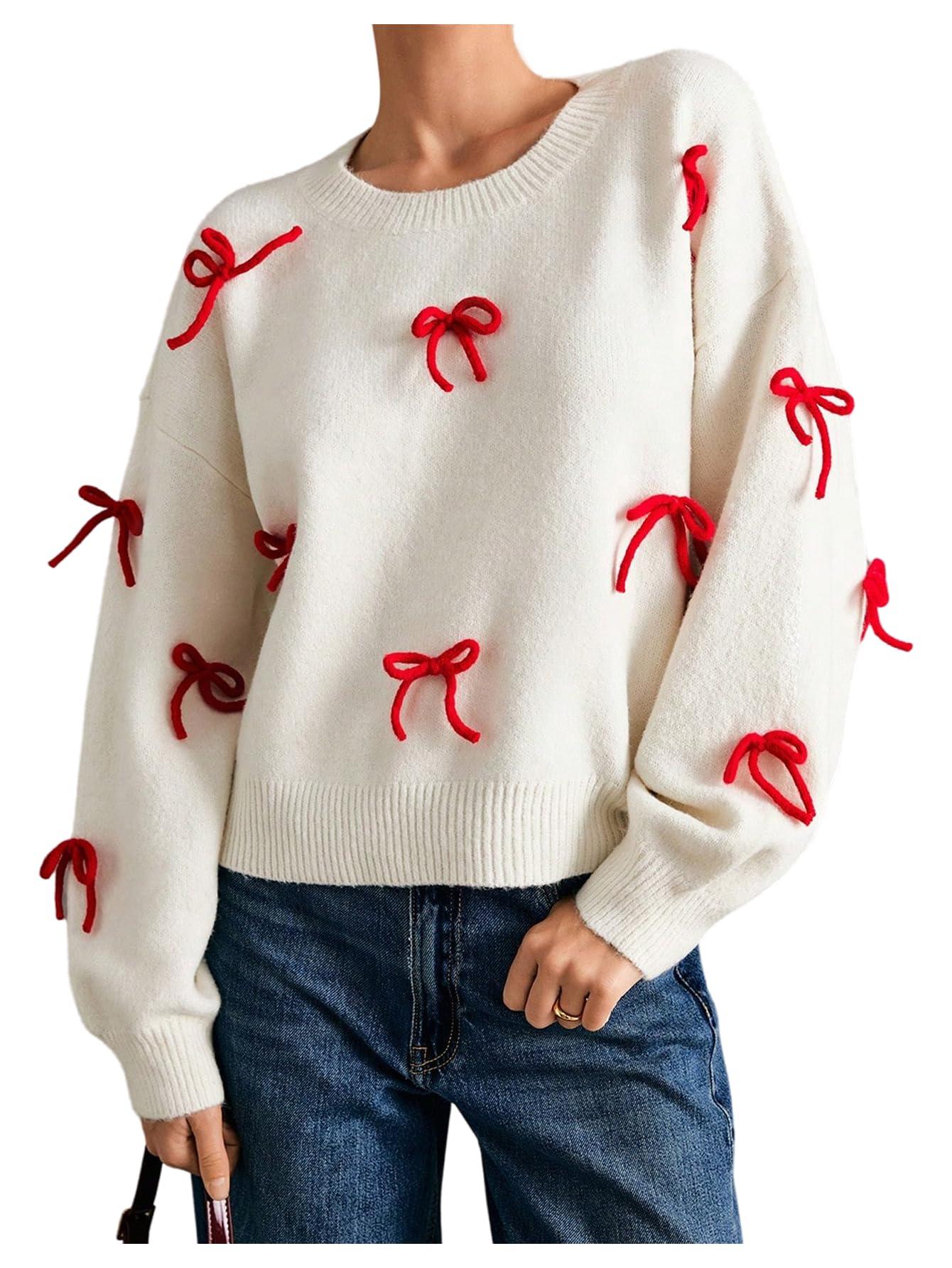 WDIRARA Womens Bow Sweaters Cute Crew Neck Long Sleeve Pullovers Knit Tops