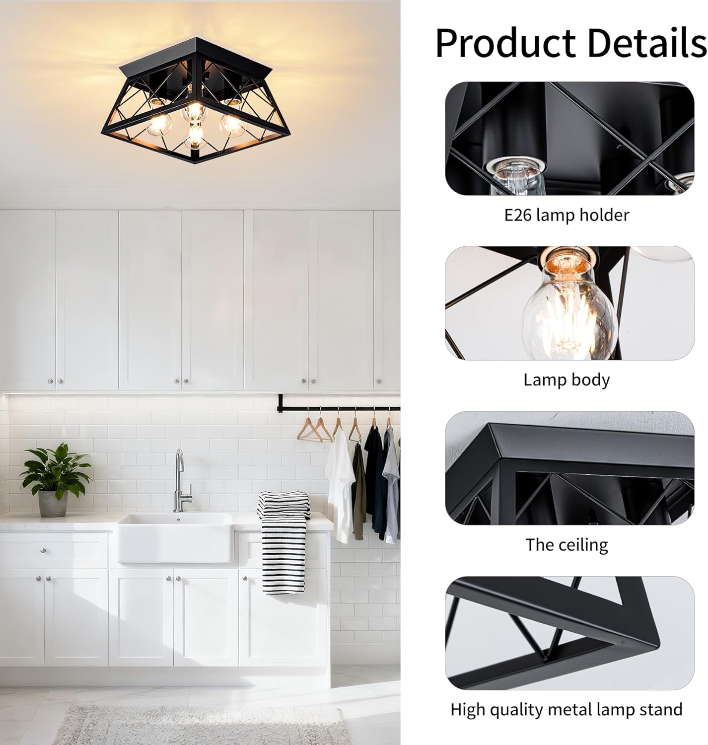 Mayful 4-Lighting Industrial Ceiling Light Fixture,Black Flush Mount Ceiling Light,Farmhose Square Light Fixtures for Kitchen Island Hallway Porch Entryway,Bulb Not Included