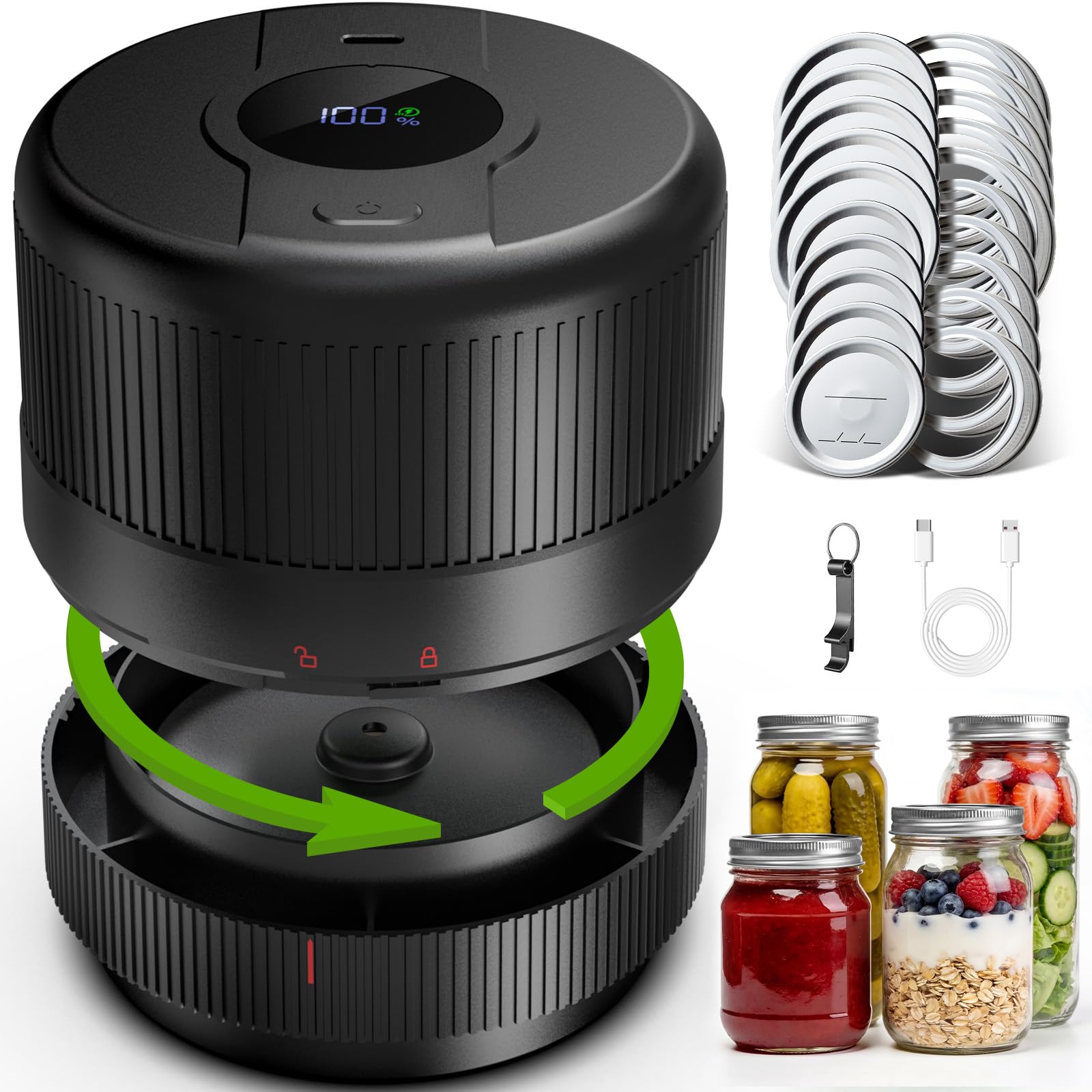 Mason Jar Vacuum Sealer Kit, Electric Mason Jar Sealer for Wide & Regular Mouth Mason Jars, Ideal for Pickles, Jam, Salad, Overnight Oats, Dry Food and Meal Prep Storage