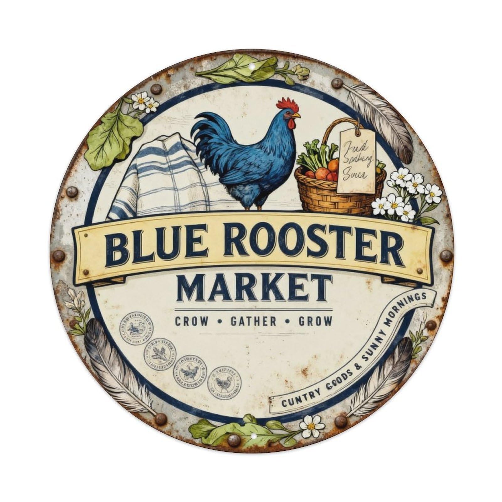 Blue Rooster Market Sign Metal Tin Sign Plaque
