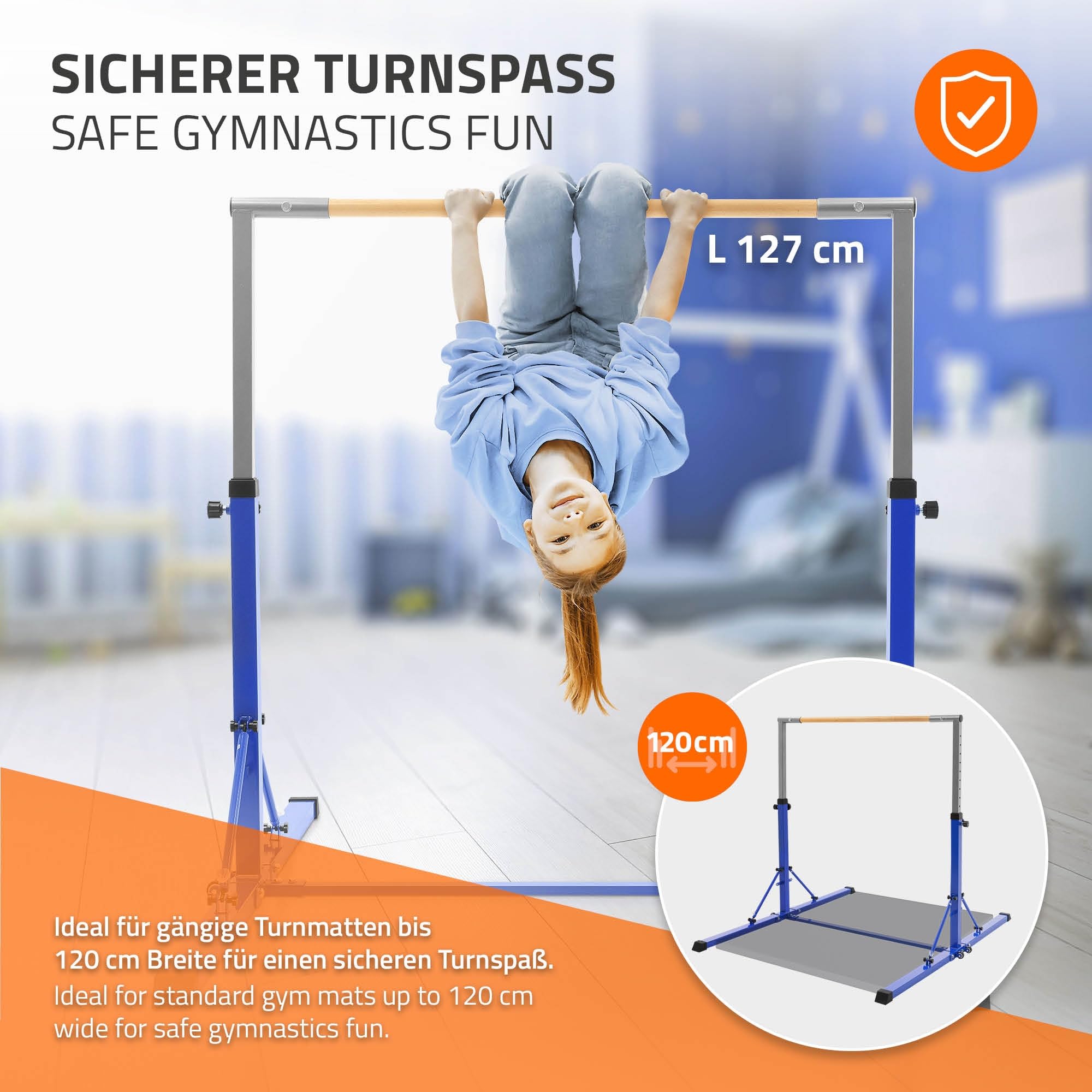 Hauki Barra de Gimnasia Artística Horizontal para Niños Azul/Púrpura Equipo Entrenamiento Infantil Plegable Base Estable Altura Regulable 95,5-150cm Madera/Acero Ejercicios en Casa Interior/Exterior