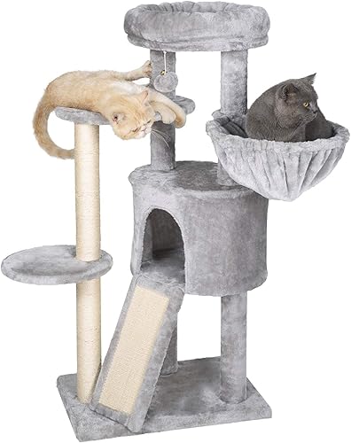Miniatura 7 de Hey-brother Cat Tree with Scratching Board, Cat Tower with Padded Plush Perch and Cozy Basket, Multi-Platform for Jump, Light Gray MPJ005W