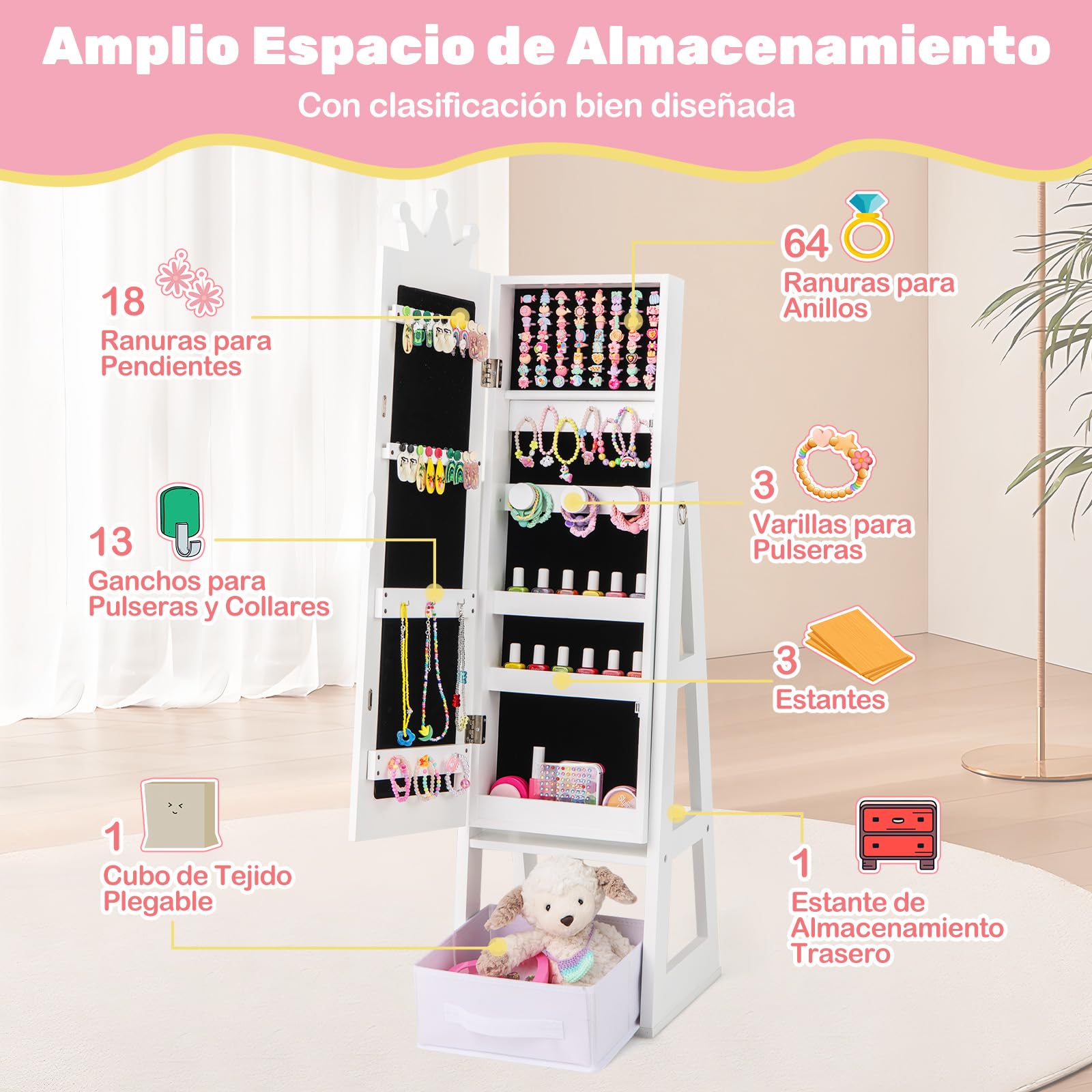 COSTWAY Armario de Joyería para Niñas con Espejo, Espejo Joyero de Cuerpo Completo con Gran Capacidad de Almacenamiento, Armario para Joyas Infantil con Ganchos, Estantes y Cajón (Blanco)