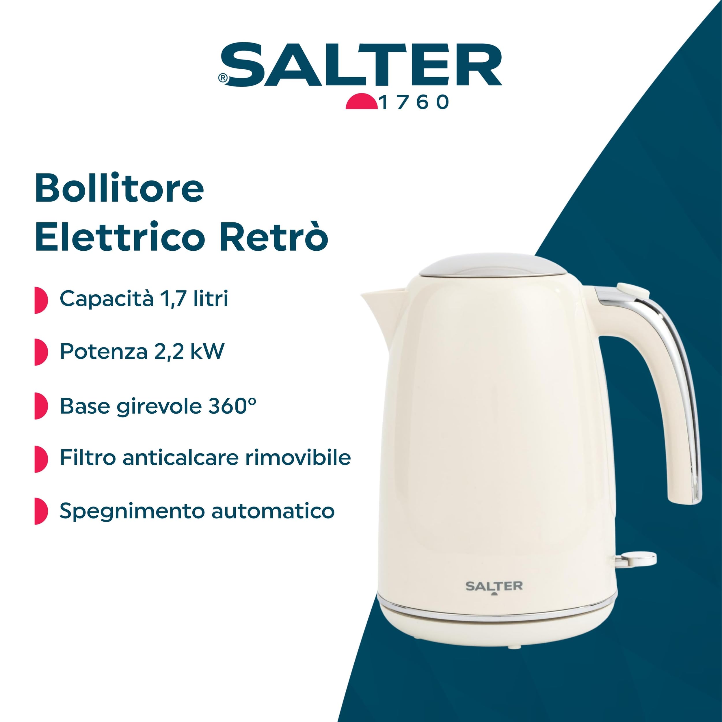 Bollitore Salter Retro 1.7 L – Ebollizione Rapida da 3KW, Base a 360°, Filtro Anticalcare Rimovibile, Finestra di Livello Acqua, Indicatore Luminoso, Sensore a Secco e Spegnimento Automatico, Crema