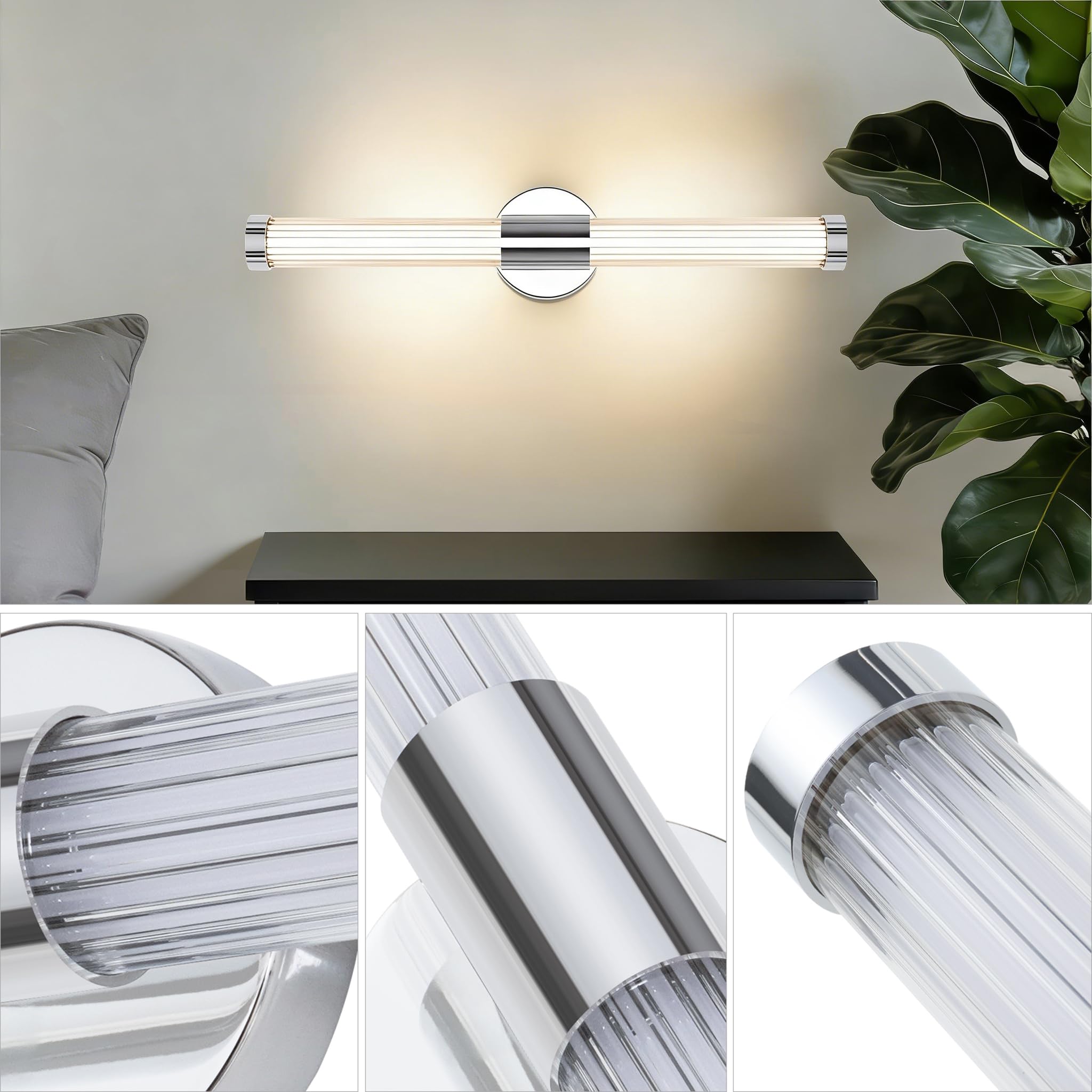 Lampada a LED da Parete per Interni Applique da 12W per Bagno 60.5cm Applique parete Temperatura di colore regolabile Luce parete Cromo Lampada da Quadro per Soggiorno Camera da Letto Cucina