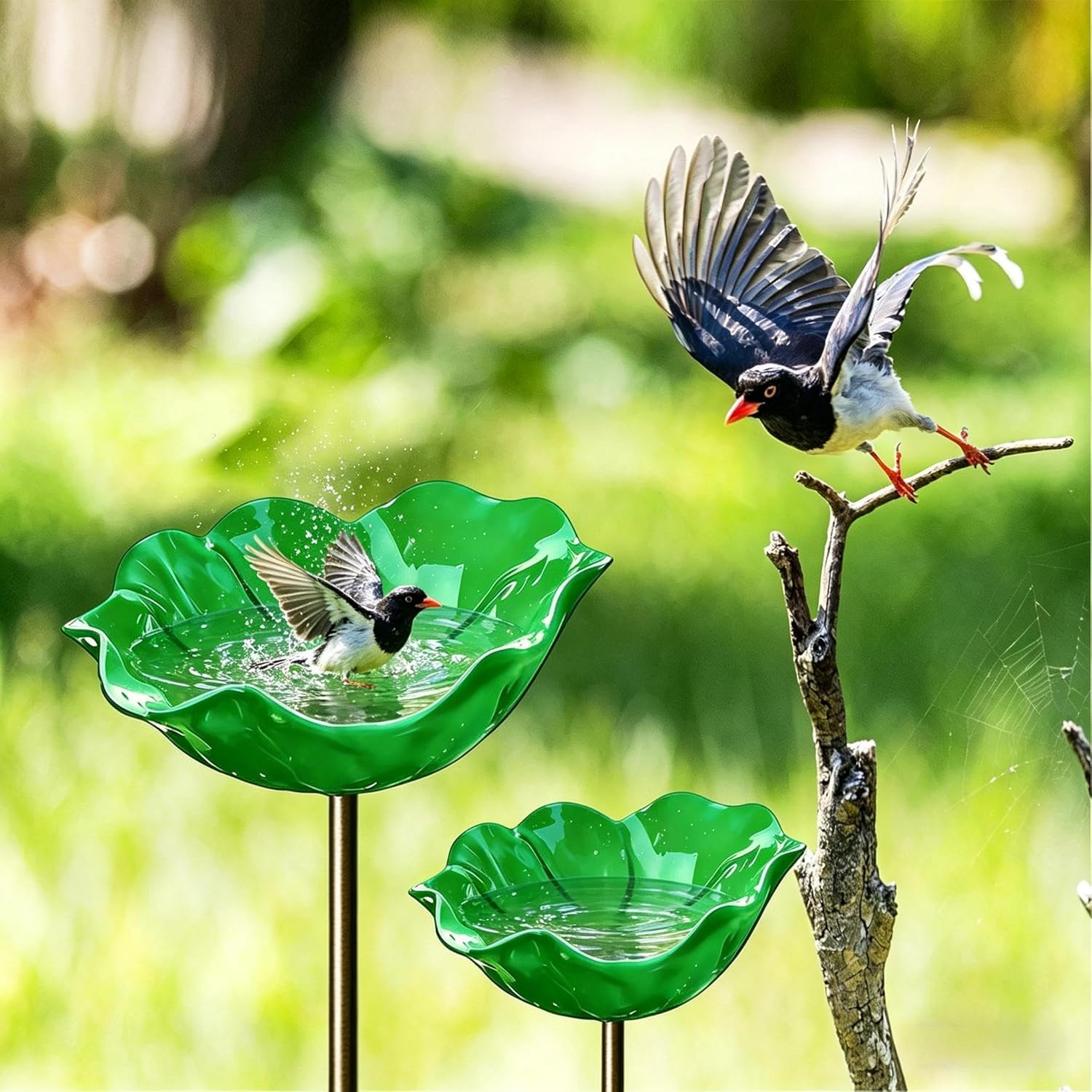 Handmade metal garden stake, outdoor watering station, red flower bird bath and bird feeders with metal stake, water feeder for garden yard lawn outdoor decoration (green)