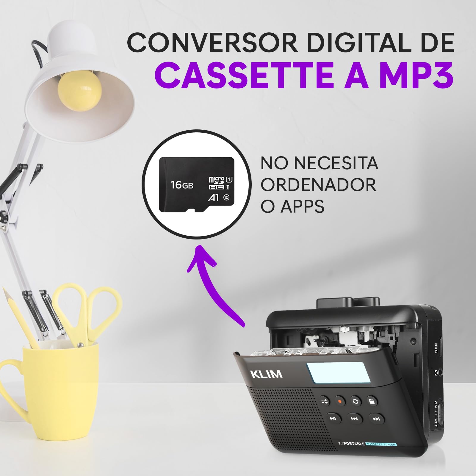 KLIM K7 Reproductor Cassette con Auriculares F1 - Conversor de Cassette a MP3 - Player Portátil con Micrófono y Altavoz Integrados - Batería Recargable - Auriculares - Tarjeta SD 16 GB - Negro