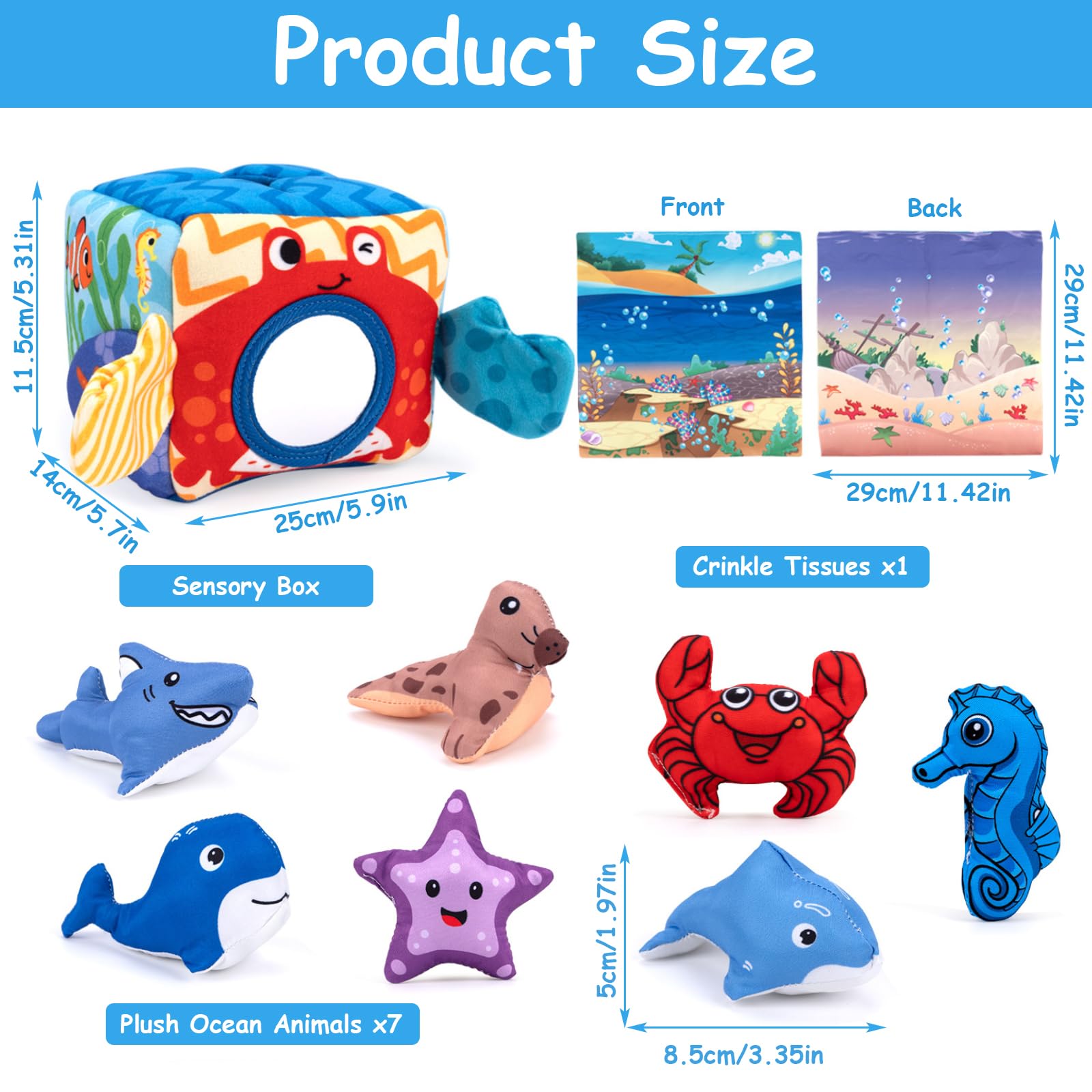 Coffre Sensoriel Animaux Marins – 7 Peluches + Miroir – Jouet Montessori Bébé 1-3 Ans