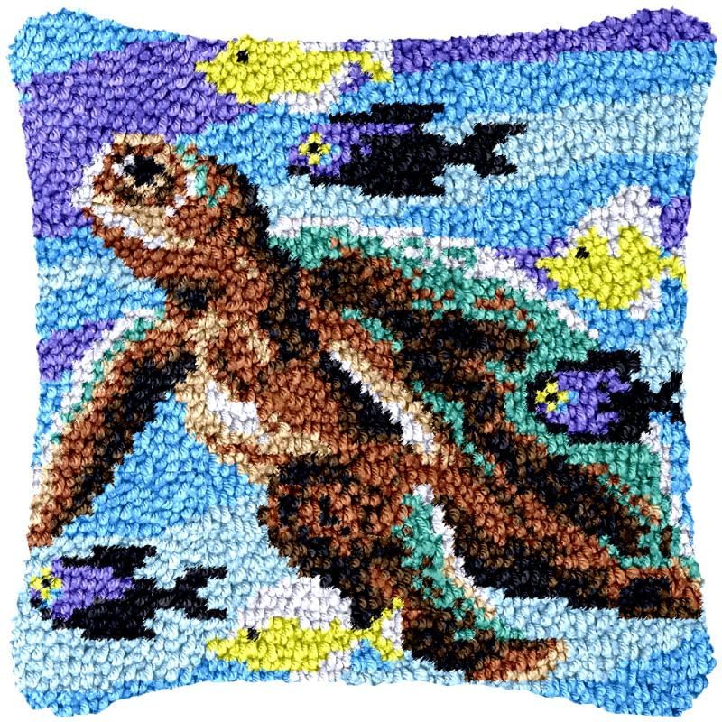 Beginner Latch Hook Sea Turtle Kits Set Sofa Cushion Cover Latch Hook Carpet Rug Acrylic Yarn,Pillowcase Craft Kits with Printed Canvas for Beginners Kids Adults - 17 x 17 Inch