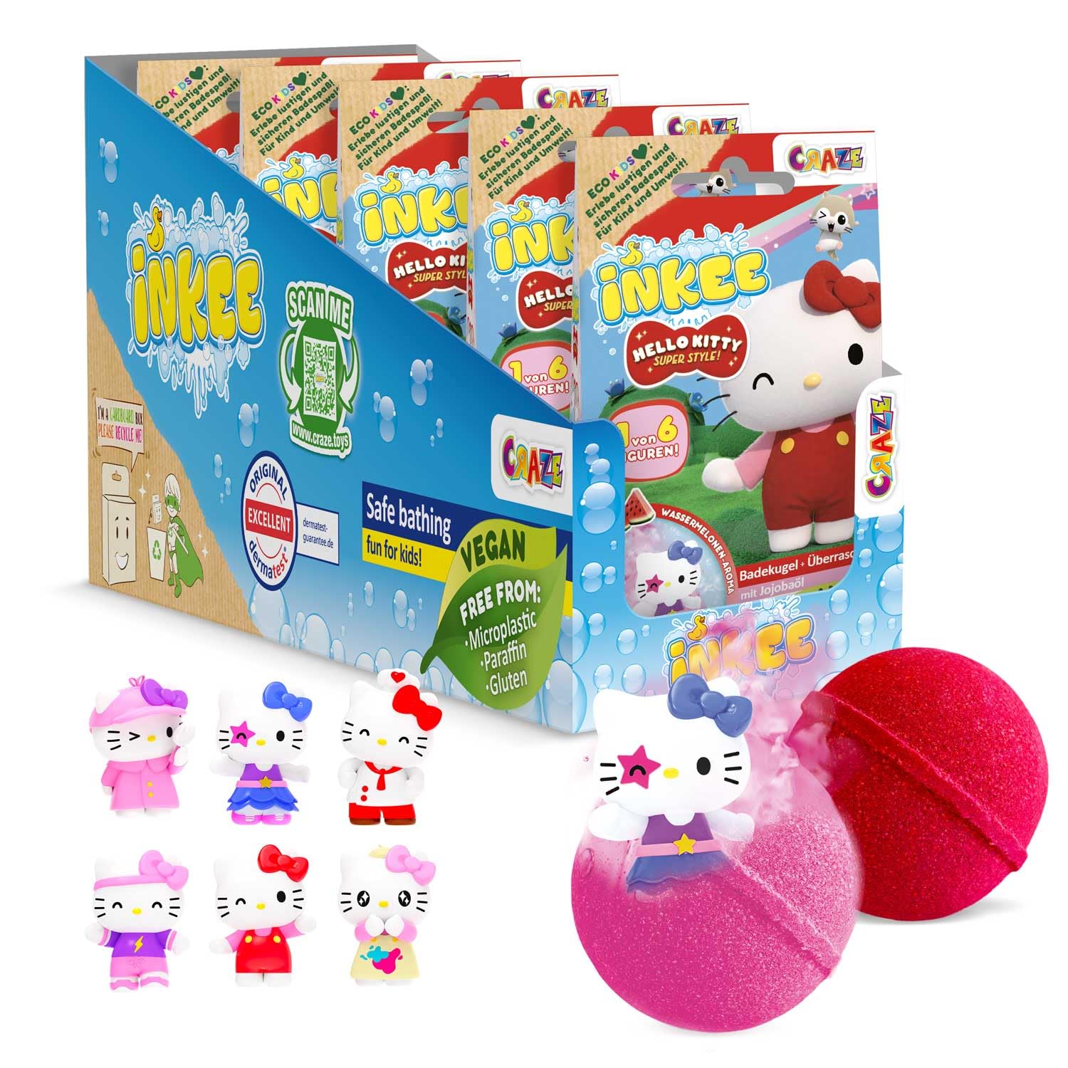 INKEE Hello Kitty Kids Bath Bomb Gift Set – 5 Bath Bombs with Surprise Toy Figures – Fun Bubble Bath Fizzies with Jojoba Oil and Watermelon Scent – Suitable for Children 3+