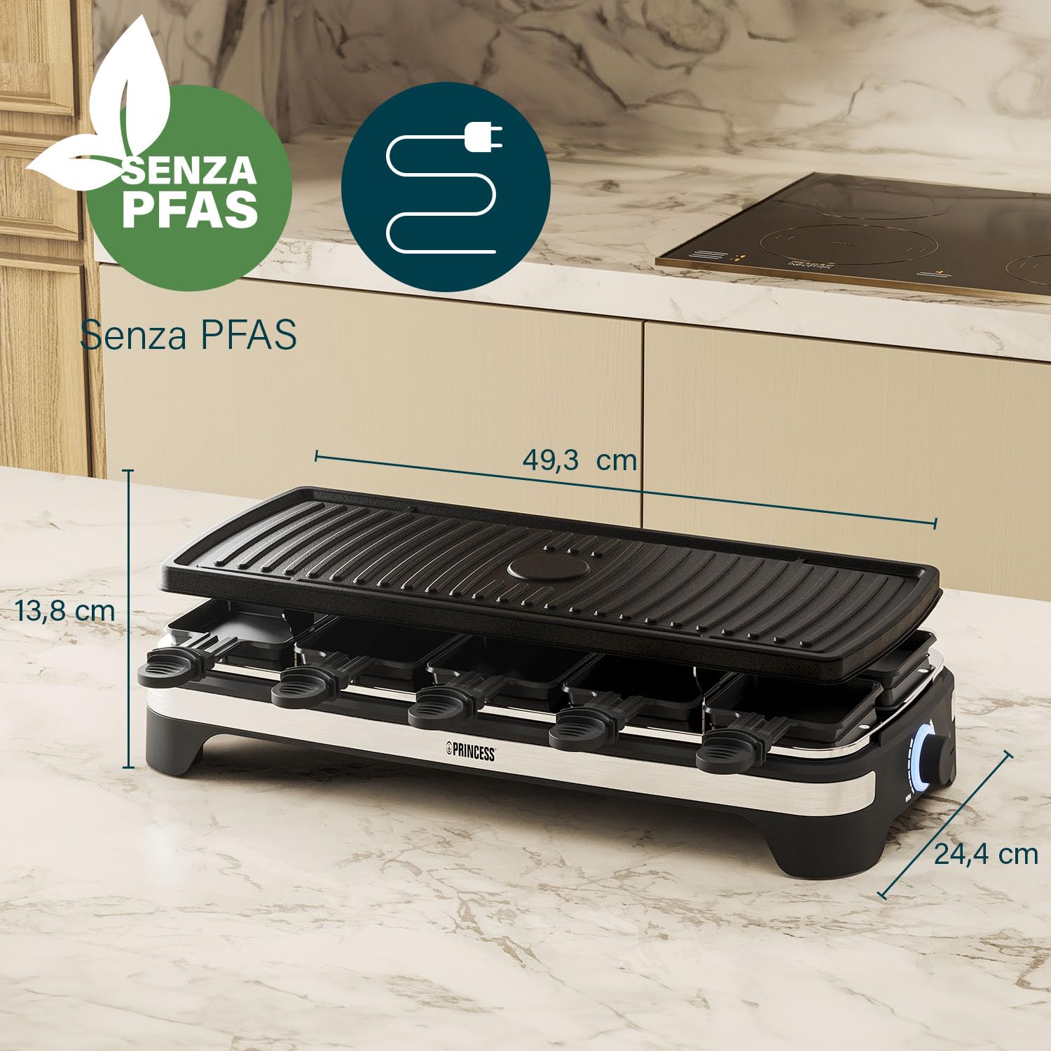 Princess Multifunctional Raclette XXL 162650 - Grill e raclette - termostato regolabile - superficie grill 49 x 21 cm - rivestimento antiaderente - 1500 watt - per un massimo di 10 persone